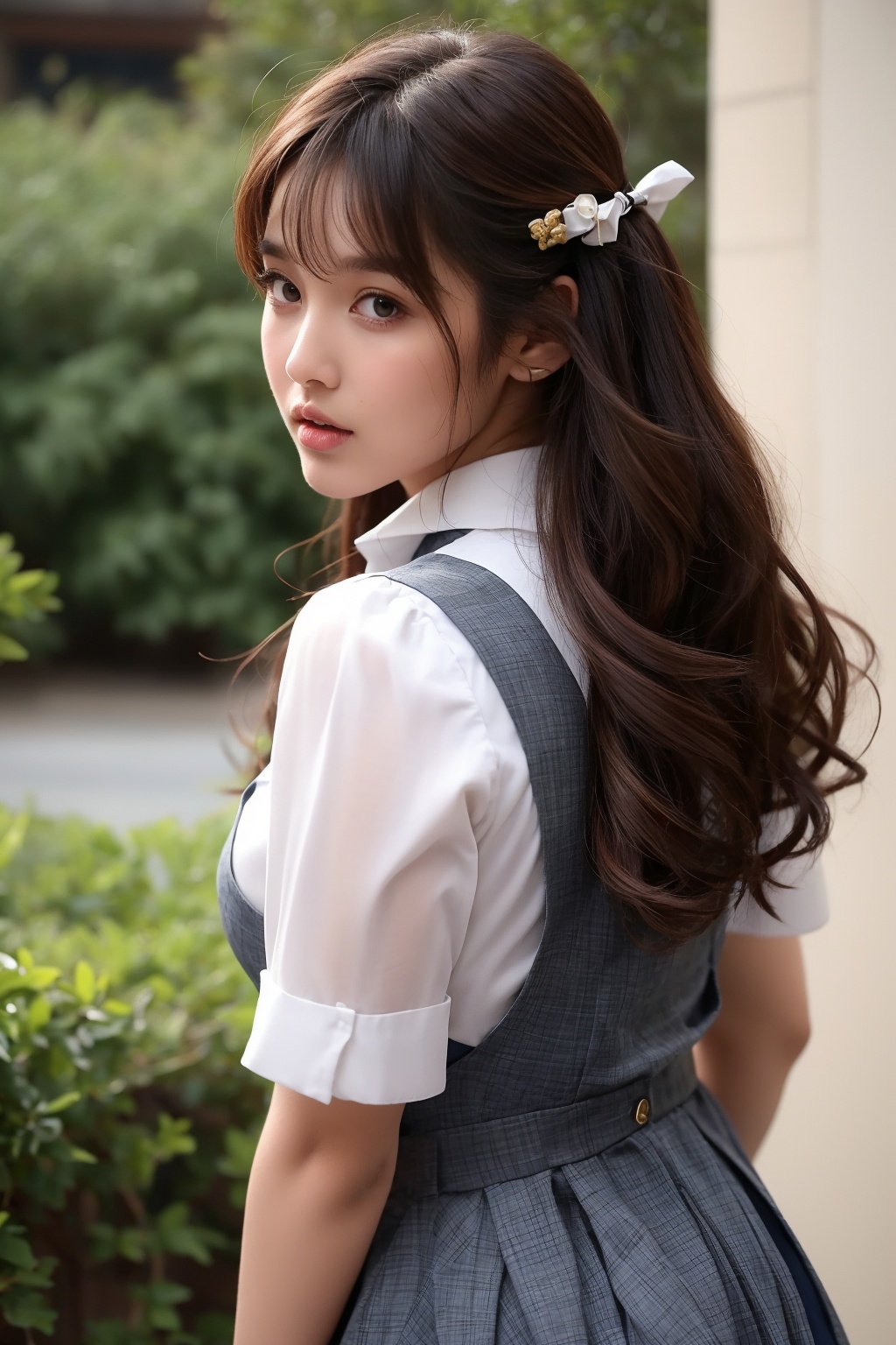 A breathtakingly beautiful and very young girl,  exuding an air of innocence and charm. She is dressed in a collared shirt...