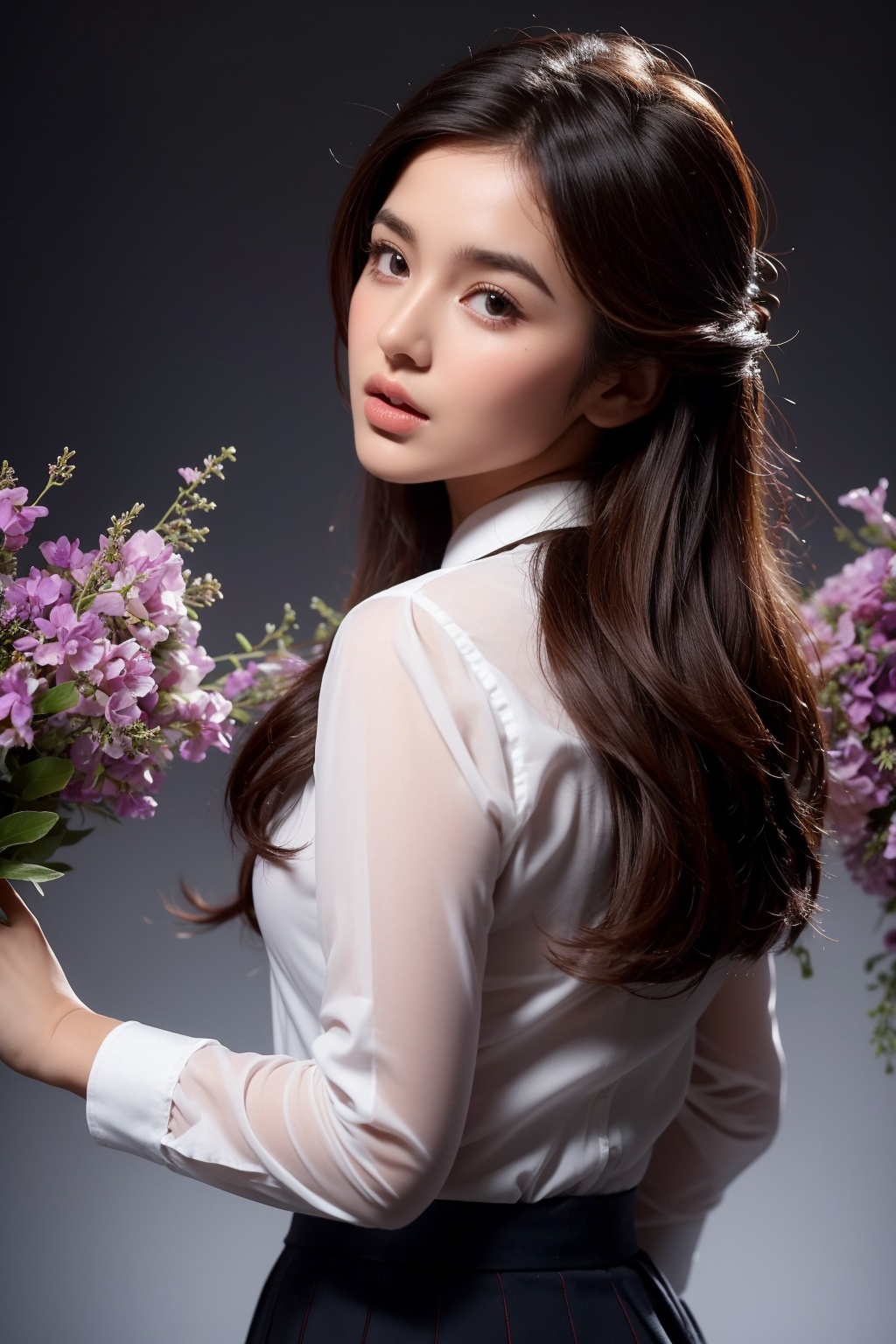 A breathtakingly beautiful and very young girl,  exuding an air of innocence and charm. She is dressed in a collared shirt...