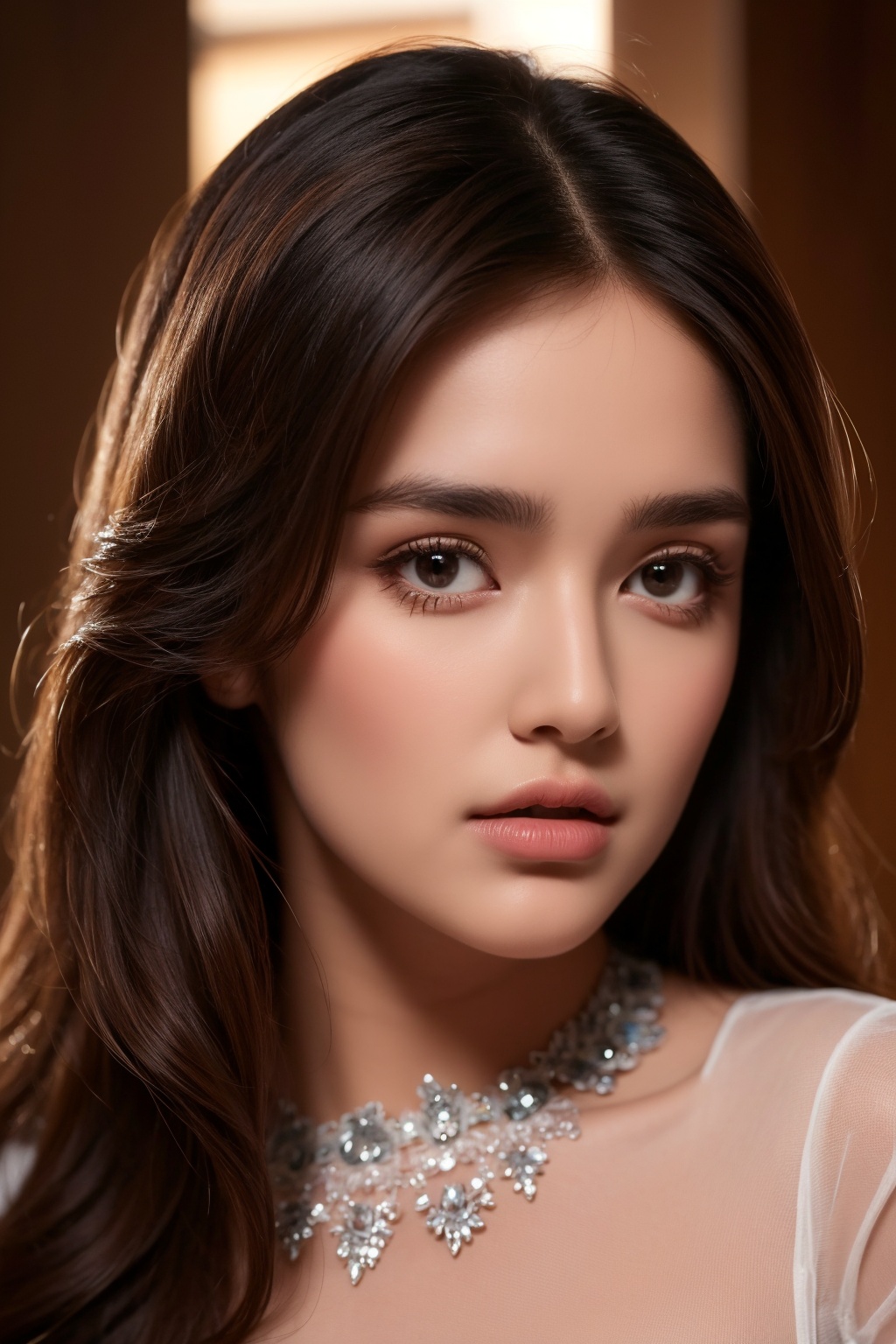 A masterpiece 8K photorealistic RAW photo of a beautiful,  realistic face with stunning facial beauty,  long eyelashes on...