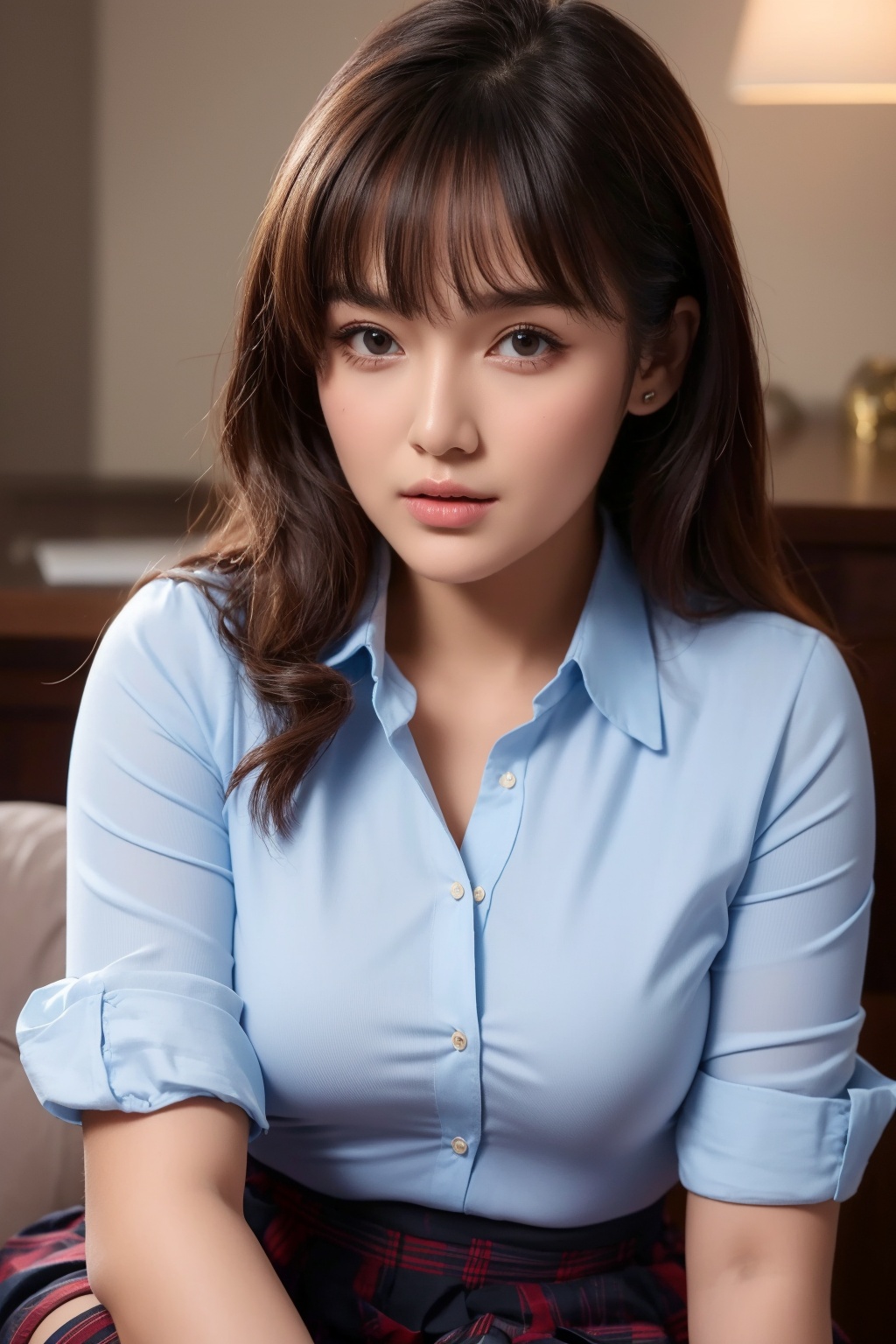 A breathtakingly beautiful and very young girl,  exuding an air of innocence and charm. She is dressed in a collared shirt...