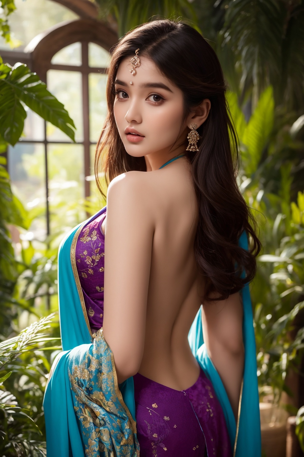 An ethereal Indian princess with an otherworldly beauty that is both captivating and enigmatic. Her features are delicatel...