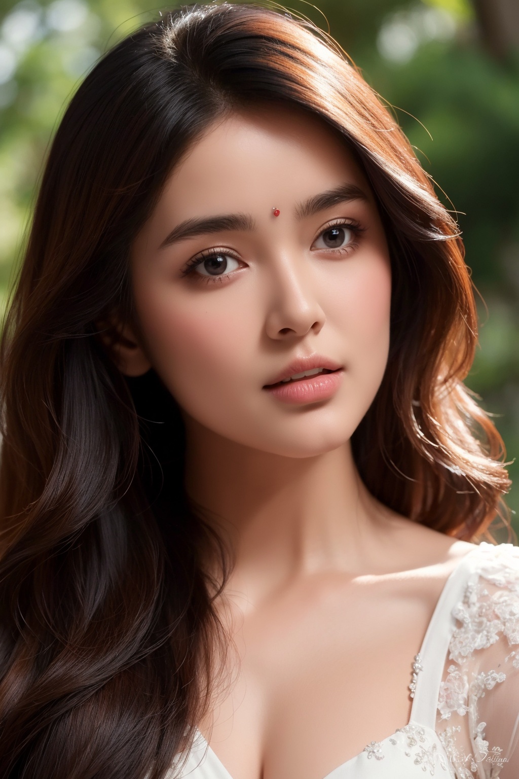 A stunning Indian girl,  18 years old,  poses waist-up in an ultra-realistic digital art piece by Razumov and Volegov. She...
