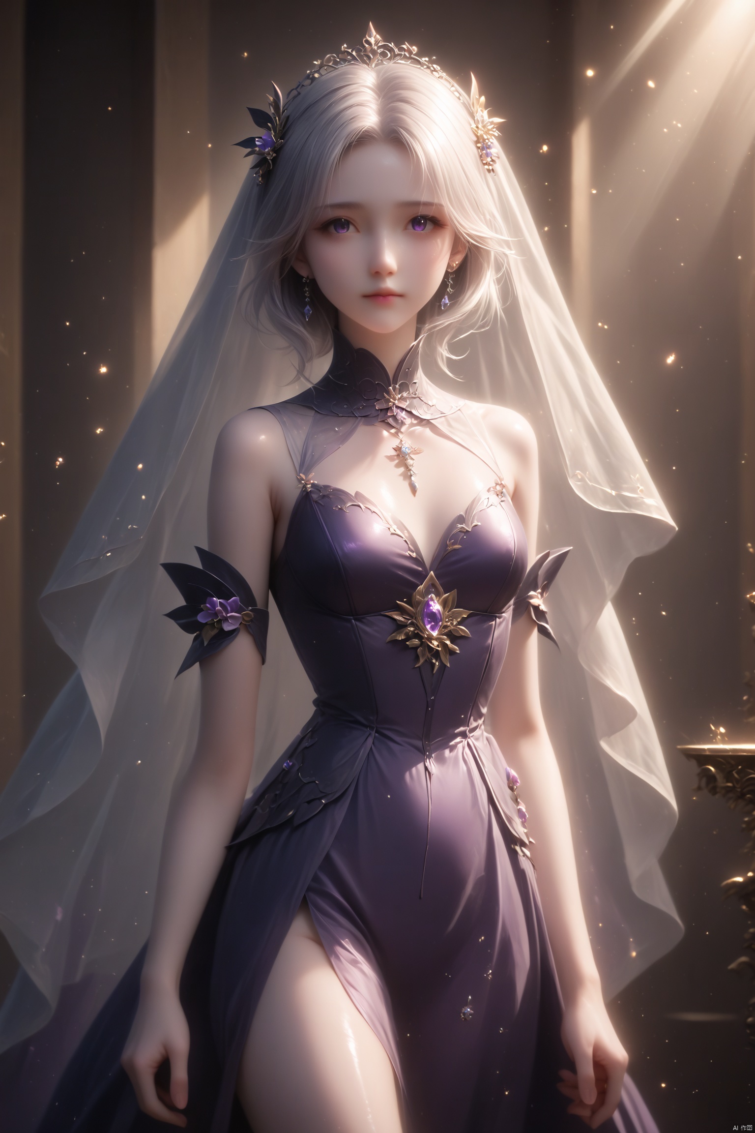 score_10,score_9_up,score_8_up,score_7_up,1girl, masterpiece,best quality,extremely detailed CG unity 8k wallpaper,realistic,light rays,light particles,1girl,shiny skin,light,facing viewer,Lovely face,chest,medium chest,standing,long white hair,leg,black_background,purple dress,solid background,hair_ornament,the waist,veil,XiaoYiXian