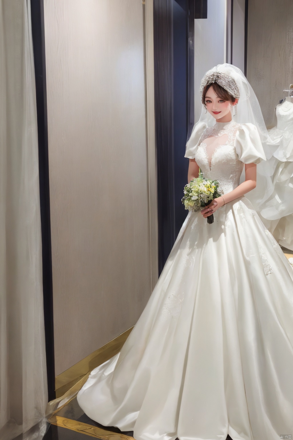  Ultra-clear 8k, real, night, smile, crown, necklace, perspective, hanger, nudity, diamonds, bridal veil, Golden wedding dress, 1 girl, ,wedding dress,MATURE FEMALE,1girl,moyou,depth of field, Asian girl