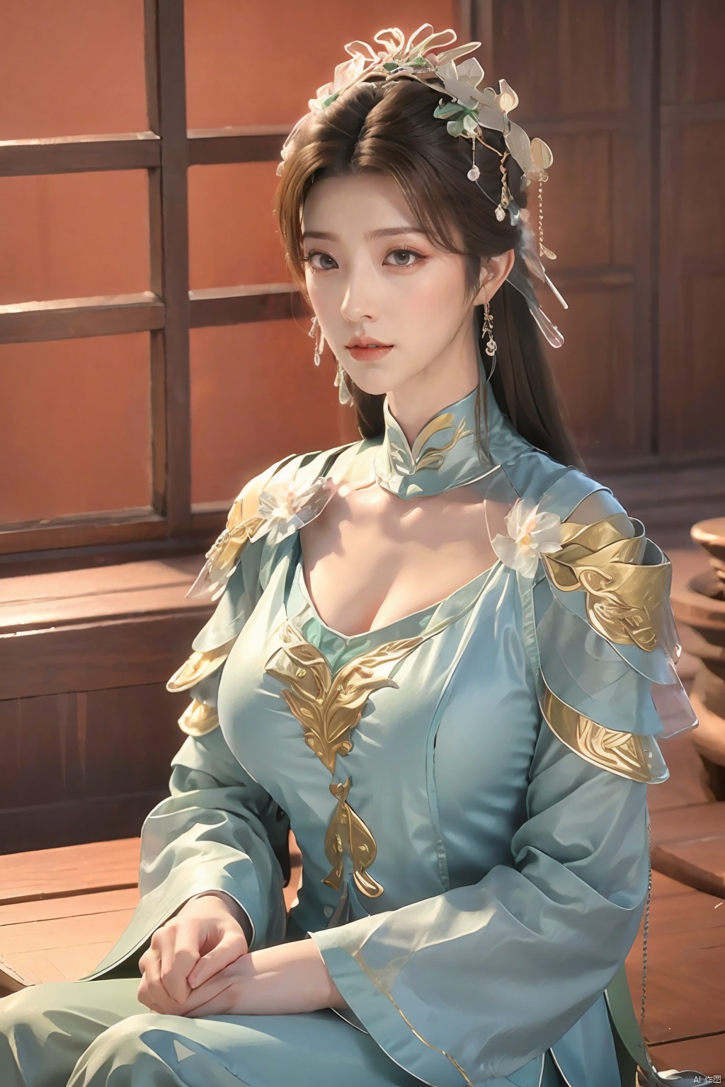 1girl, solo, long hair, black hair, hair ornament, long sleeves, dress, sitting, indoors, blue sky, window,Xxiyouqin,(big breasts:1.23),Xliushen,Xyunxi,Xhuolinger,Xyupopo,Xtianxiwei,depth of field,moyou