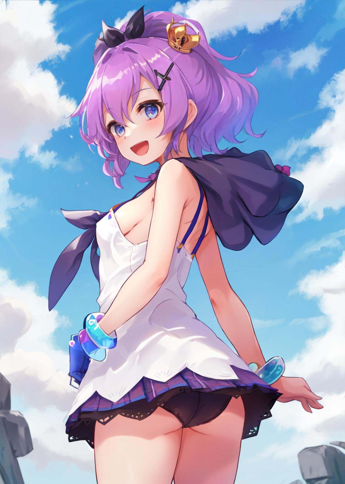 <lora:javelin_v1.0:0.8>,1girl, solo,bracelet,gloves, camisole, ribbon, purple_hair,  mini_crown,white_camisole, hair_ornament, looking_at_viewer, black_ribbon, hair_ribbon,blue hood, :d, outdoors,from behind,, masterpiece, best quality,