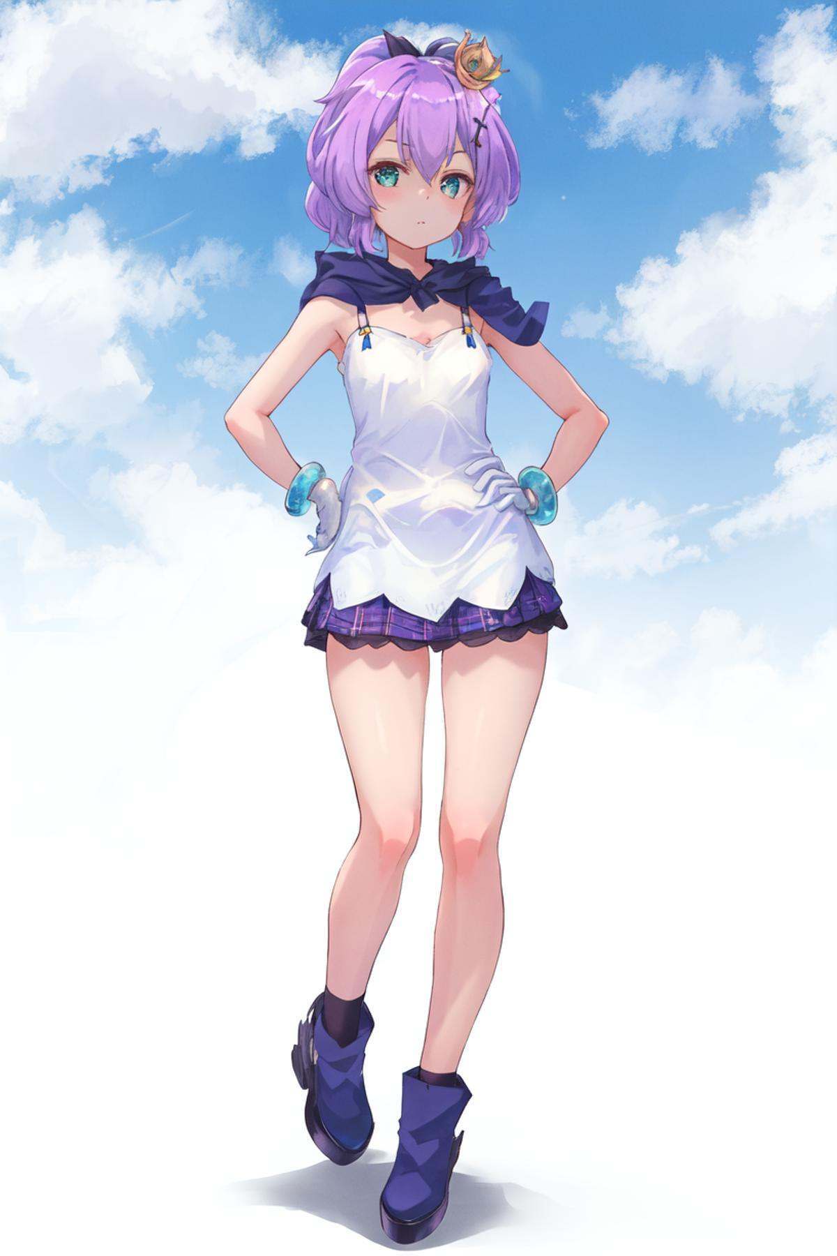 <lora:javelin_v1.0:0.8>,javelin\(azur lane\),1girl, solo, bracelet,white gloves, purple_hair,  mini_crown,white_camisole, hair_ornament, looking_at_viewer, black_ribbon, hair_ribbon,blue hood,outdoors, full body, hands on hips, masterpiece, best quality,