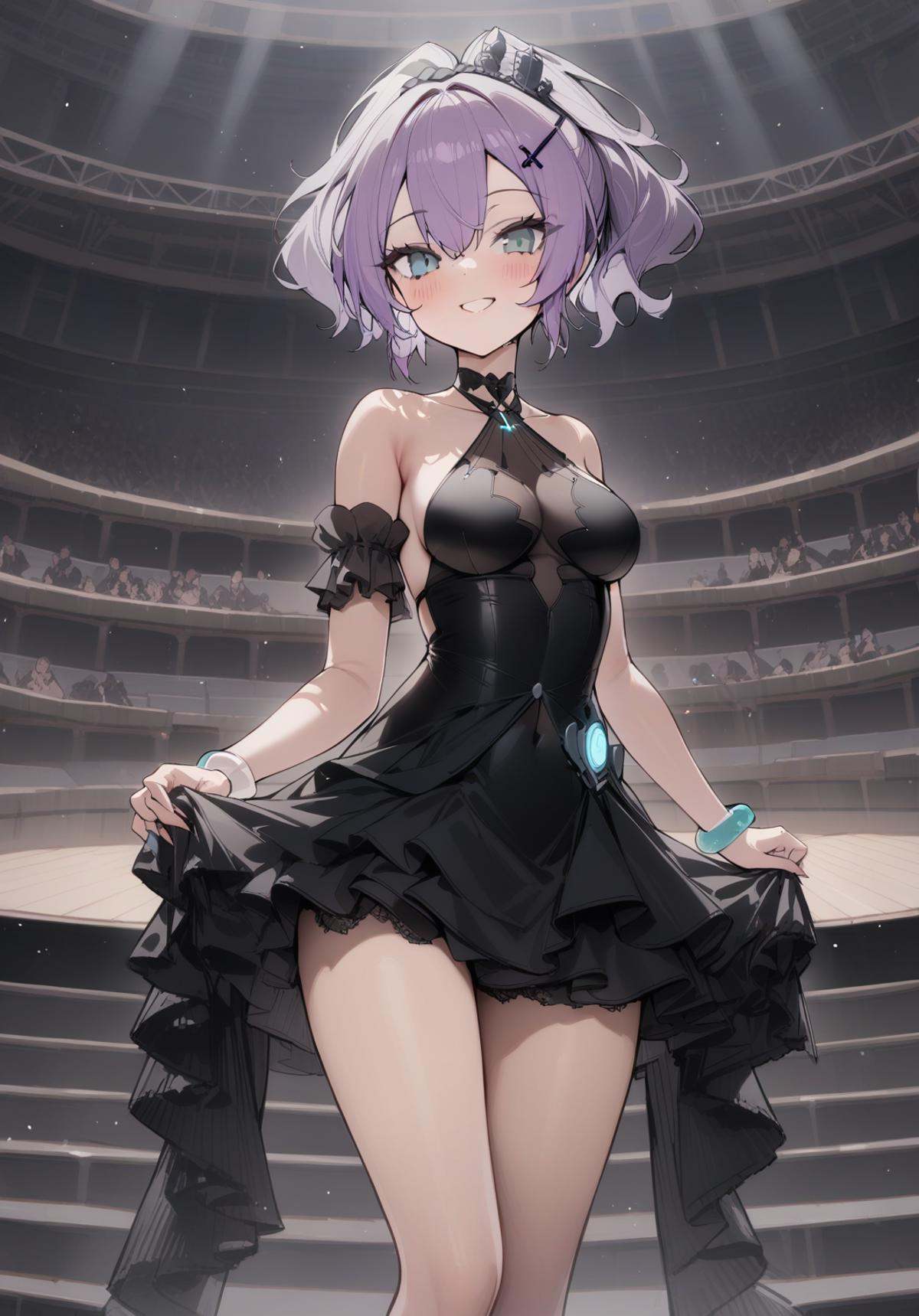<lora:javelin_XL_v1.0:0.8> ,javelin_\(azur_lane\), black_dress,hair_ornament,arm_garter,bare legs,cowboy shot,smile,amphitheater,, masterpiece, best quality,  very aesthetic, absurdres,