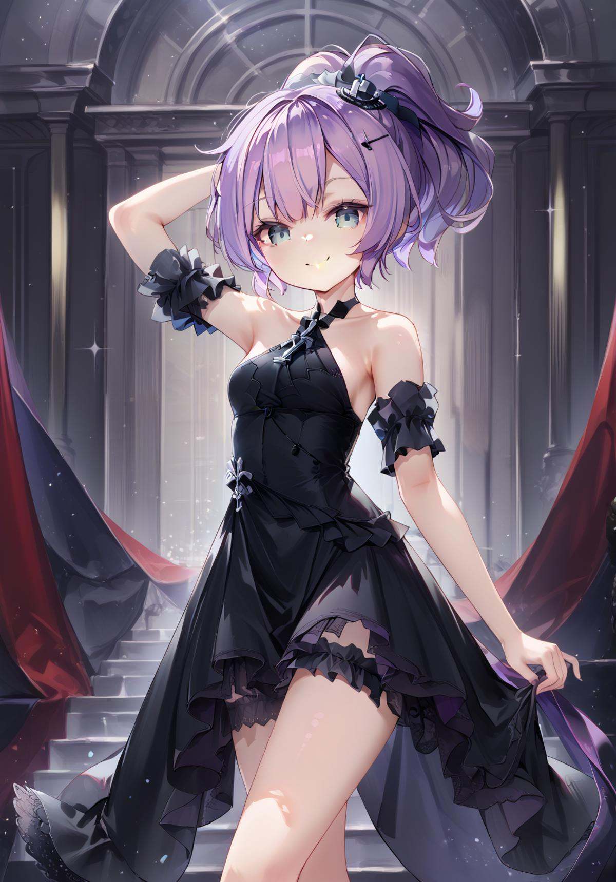 <lora:javelin_pony_v1.0:0.8>,javelin_\(azur_lane\),purple hair,ponytail, black_dress,hair_ornament,arm_garter,bare legs,cowboy shot,smile,amphitheater,, score_9, score_8_up, score_7_up, source_anime,