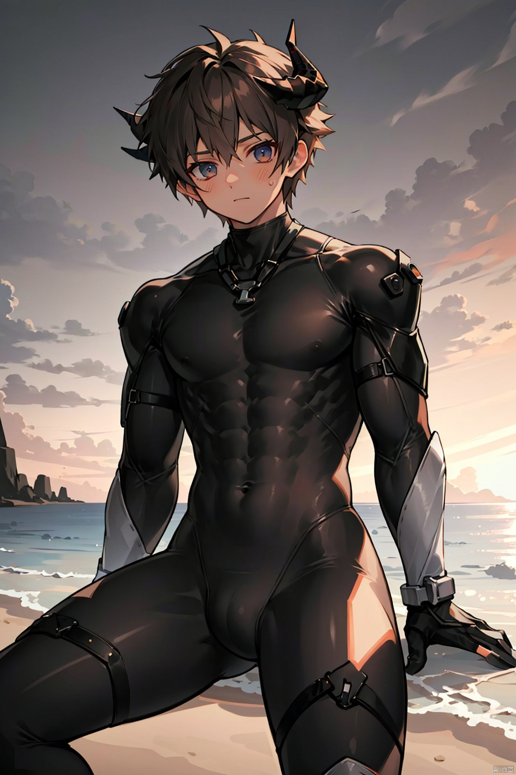 cowboy,(masterpiece),(lighting),high contrast,high saturation,
 1boy, shota, solo, looking at viewer, muscular boy, big hips, thick thighs, rubber suit, sitting down, beach, evil horns, brown hair, 鏃�, frosted_tips