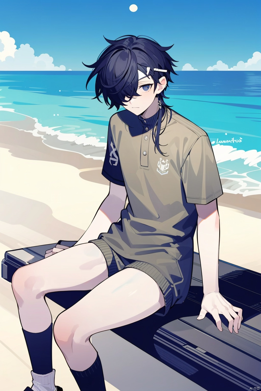 cowboy,(masterpiece),(lighting),high contrast,high saturation,
 1boy, shota, solo, looking at viewer, muscular boy, school_uniform, sitting down, beach, thick thighs, long socks, hair covered one eye