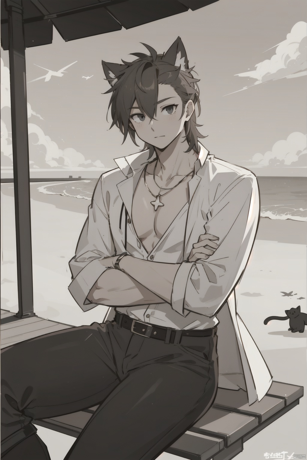 cowboy,(masterpiece),(lighting),high contrast,high saturation,
 1boy, shota, solo, looking at viewer, muscular boy, big hips, thick thighs, rubber top, sitting down, beach, cat ears, open shirt, thick arms, big pectorals