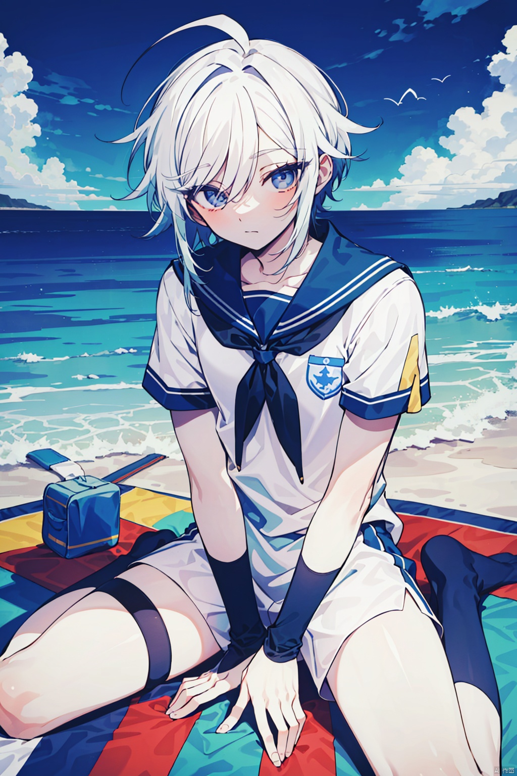 cowboy,(masterpiece),(lighting),high contrast,high saturation,
 1boy, shota, solo, looking at viewer, muscular boy, school_uniform, sitting down, beach, thick thighs, long socks, white hair, wariza,鏃�, shota eyes