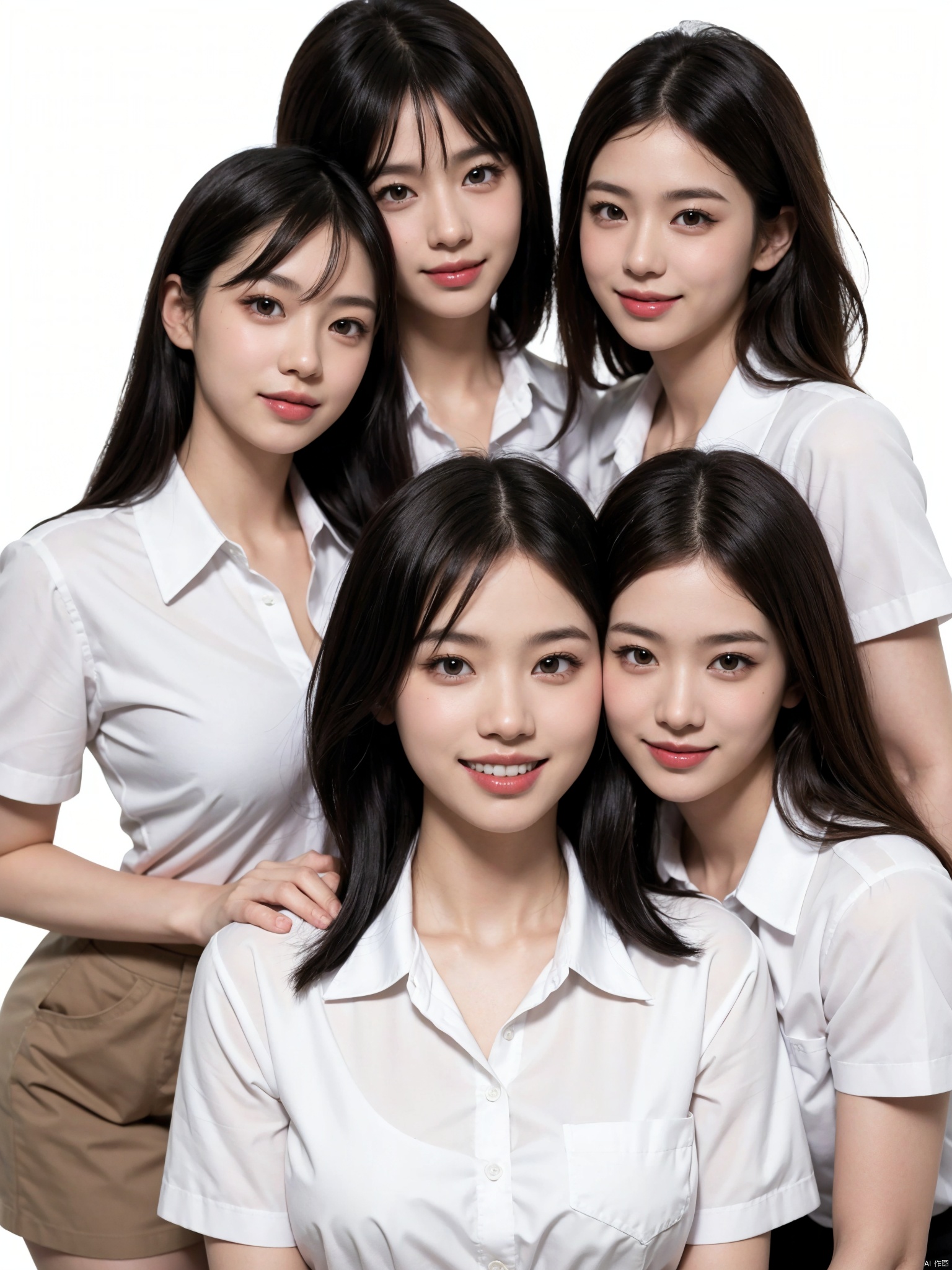 4girl,  looking at viewer, smile, short hair, simple background, shirt, black hair, white background, brown eyes, white shirt, upper body, teeth, collared shirt, grin, black eyes, lips, realistic, stewardess,multiplegirls, SaayaIrie