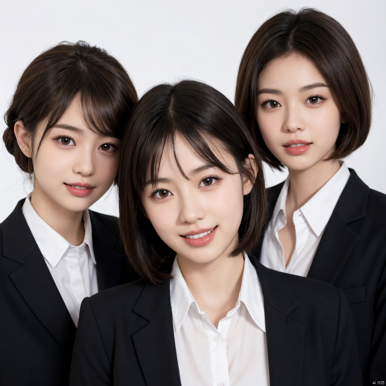 4girl,  looking at viewer, smile, short hair, simple background, shirt, black hair, white background, brown eyes, white shirt, upper body, teeth, collared shirt, grin, black eyes, lips, realistic, stewardess,multiplegirls, SaayaIrie