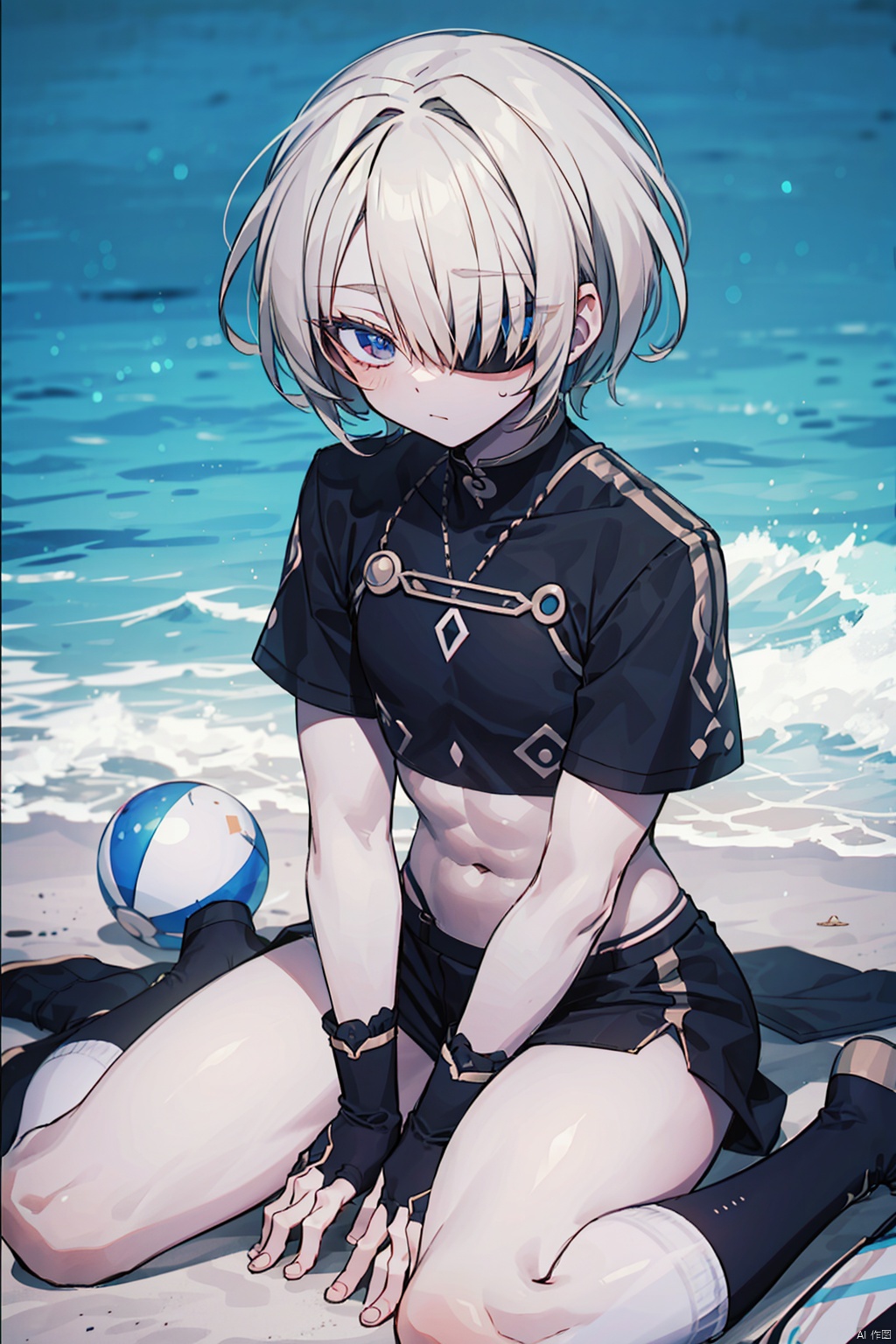 cowboy,(masterpiece),(lighting),high contrast,high saturation,
 1boy, shota, solo, looking at viewer, muscular boy, pale skin, sitting down, beach, thick thighs, long socks, white hair, wariza,鏃�, shota eyes, thick arms, big thighs, big hips, large pectorals, fimini, covered eyes