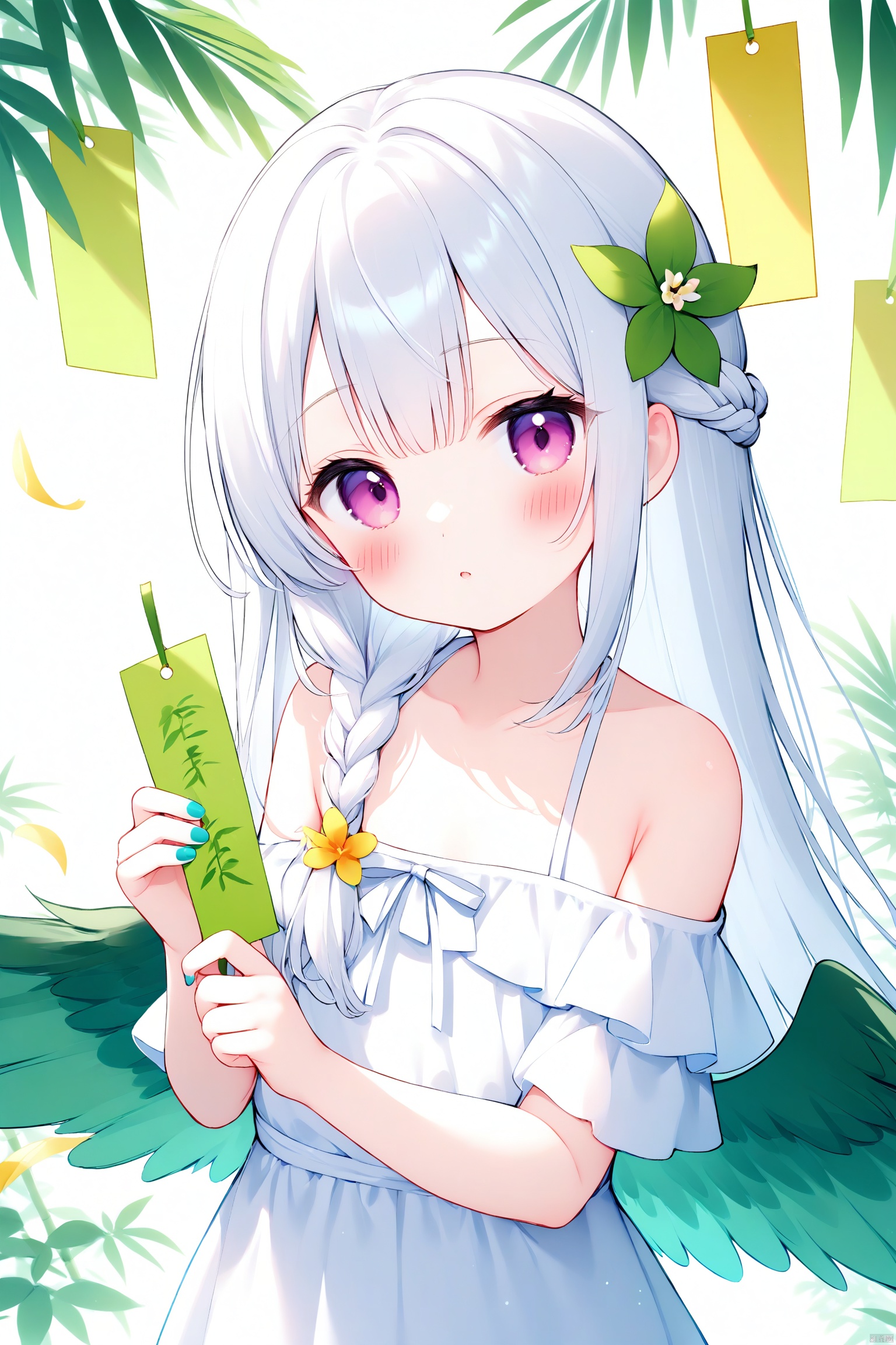 loli,1girl, white hair,solo, best quality, vivid color, white background, leaf background, upper body, looking at viewer, blush, tanzaku, tanabata, long hair, braid, hair flower, hair over shoulder, bangs, white dress, bare shoulders, off shoulder, nail polish, green wings, feathered wings, hand up, palm tree, palm leaf, potted plant, bamboo, branch,