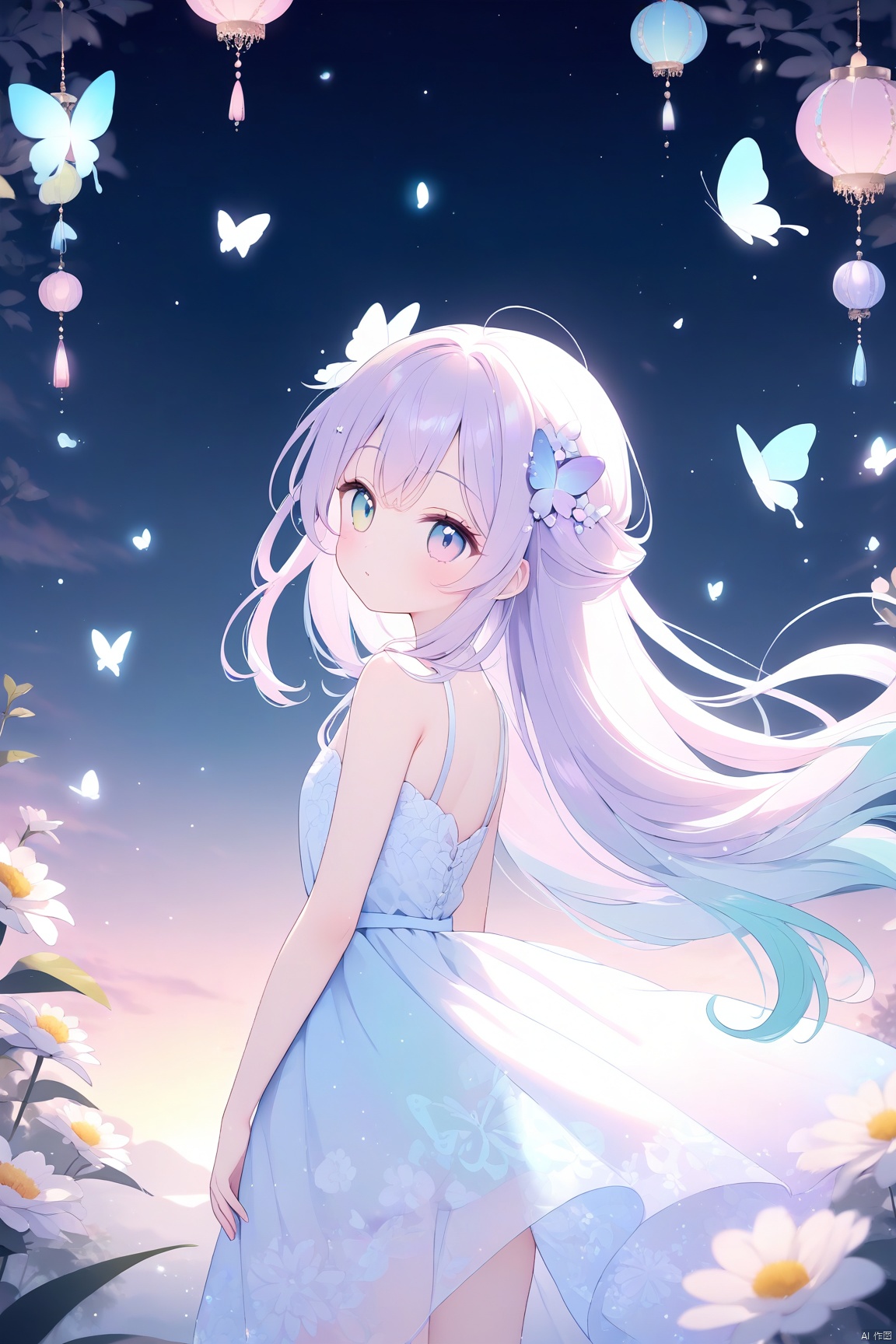 best quality,masterpiece,anime style,female character,pastel colors,flowing hair,flower accessories,whimsical,ethereal,looking back pose,large eyes,light effects,semi-transparent fabrics,playful expression,decorative patterns,fantasy,butterflies,sparkling,high saturation,vertical composition,vibrant textures,outdoor setting