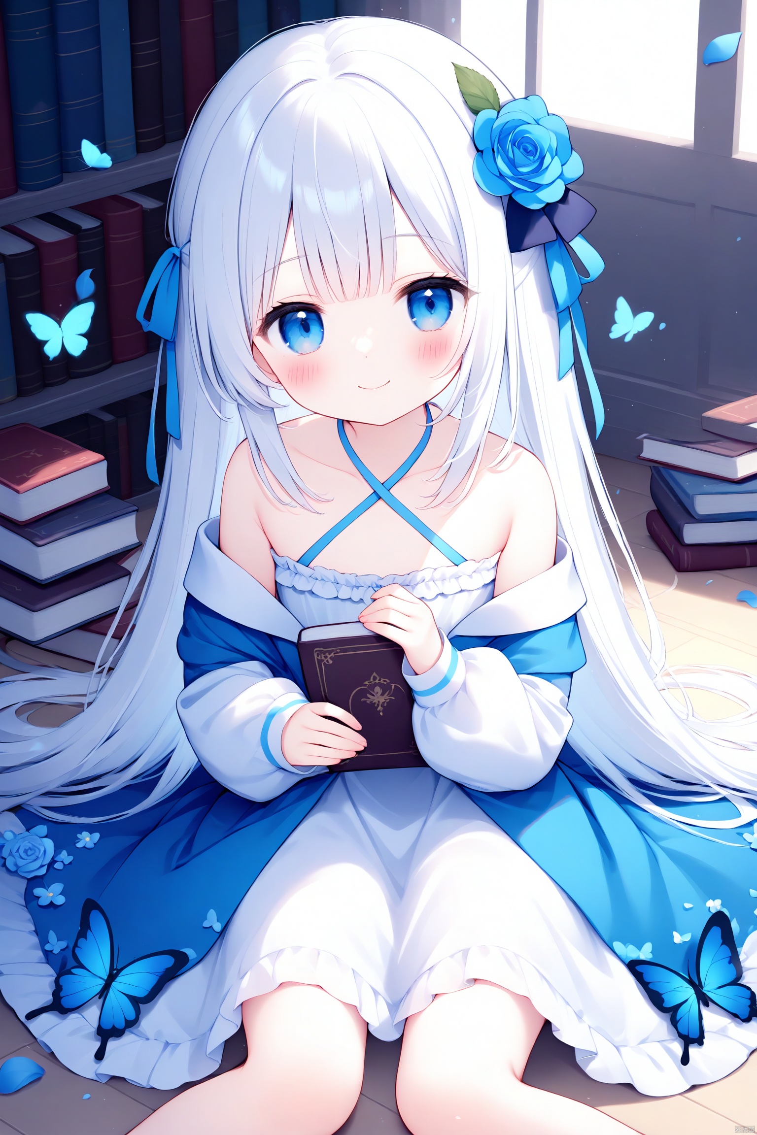 loli,1girl, solo, long hair, looking at viewer, blush, smile, bangs, blue eyes, hair ornament, long sleeves, dress, ribbon, bare shoulders, sitting, very long hair, closed mouth, collarbone, hair ribbon, flower, white hair, puffy sleeves, indoors, hair flower, off shoulder, white dress, sleeves past wrists, book, petals, blue dress, rose, animal, halterneck, bug, butterfly, puffy long sleeves, blue flower, on floor, off-shoulder dress, criss-cross halter, blue rose, book stack, blue butterfly