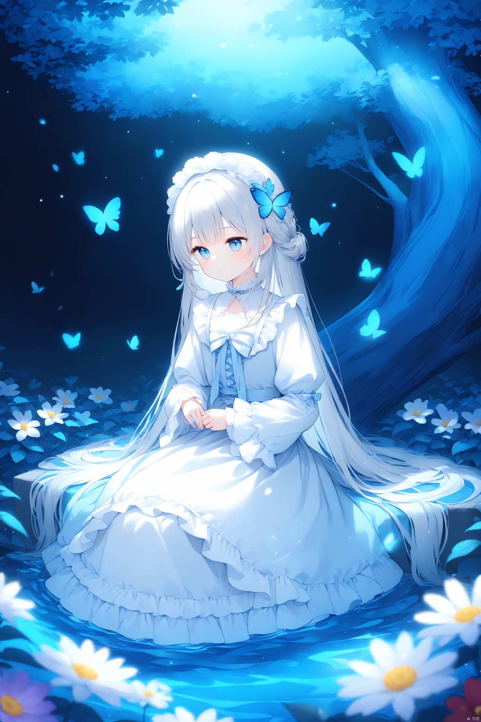 (masterpiece),(best quality),illustration,ultra detailed,hdr,Depth of field,(colorful),This is a masterpiece that exudes exceptional quality. The illustration is ultra-detailed,utilizing HDR technology to create a sense of depth. The subject matter is an original,delicate,and beautiful artwork,vibrant with color and filled with fantastical elements. The girl is sitting by a deep sea,surrounded by flowing water,with a dull blue World Tree in the background,situated in a cemetery. The serene and dreamy atmosphere gives the entire scene a soulful and enchanting quality. Her pale complexion,azure blue eyes that glow,and silver hair adorned with flowers create a captivating portrait. She wears a Lolita-inspired fashion,expressionless with her mouth closed. The backgrounds range from white,transparent,circular options,and there are also flying translucent blue butterflies that add a sense of liveliness to the piece.,