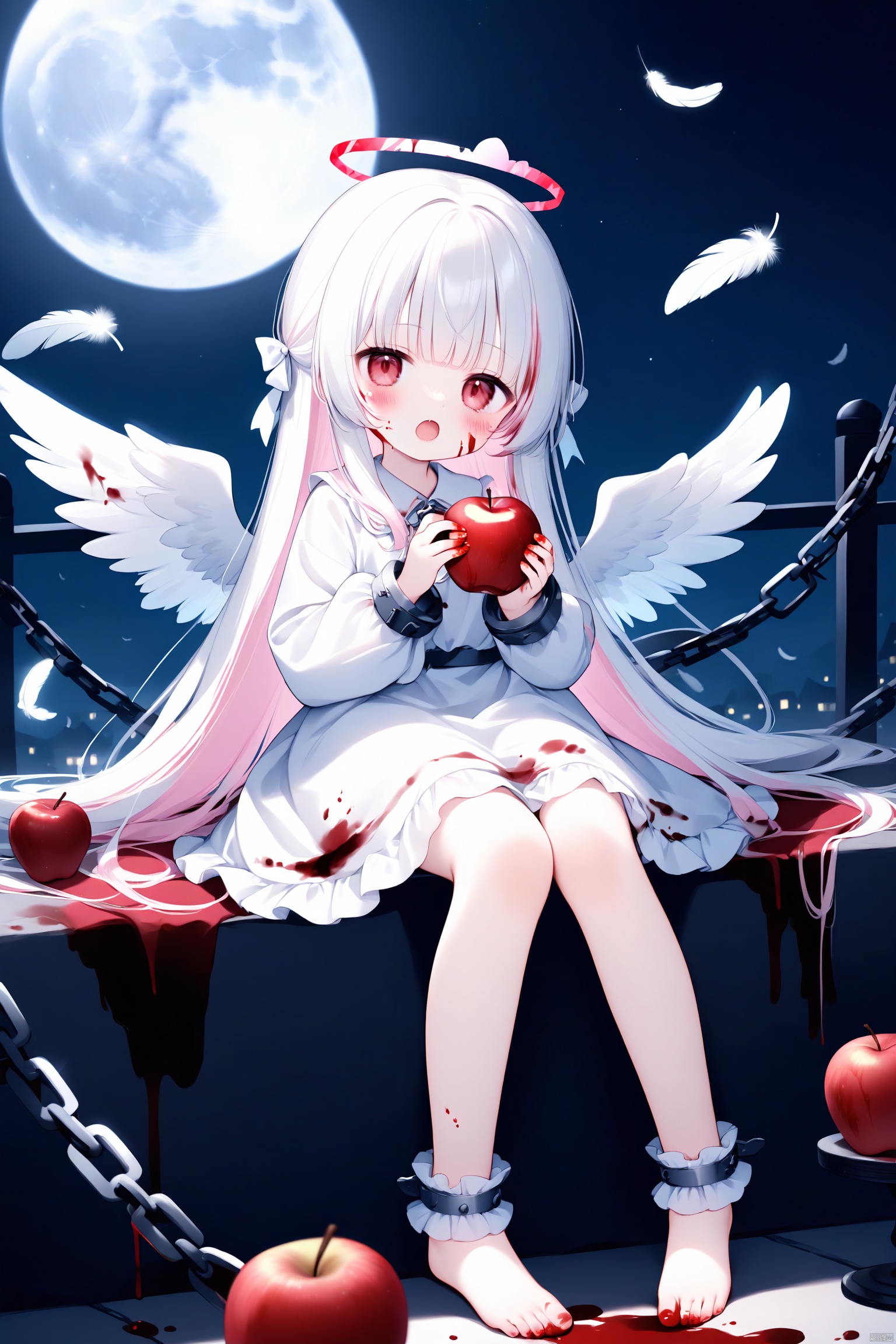 loli,1girl,wings,solo,halo,barefoot,long hair,food,feathers,blood,dress,feathered wings,sitting,white dress,angel wings,holding food,red eyes,blood on clothes,holding fruit,fruit,chain,angel,feet,pink hair,moon,holding,apple,blood on face,looking at viewer,toes,full moon,white wings,blush,bangs,child,very long hair,female child,night,long sleeves,full body,open mouth,cuffs,bare legs,legs,blood on hands,white hair,blunt bangs,frills,blood in hair,white