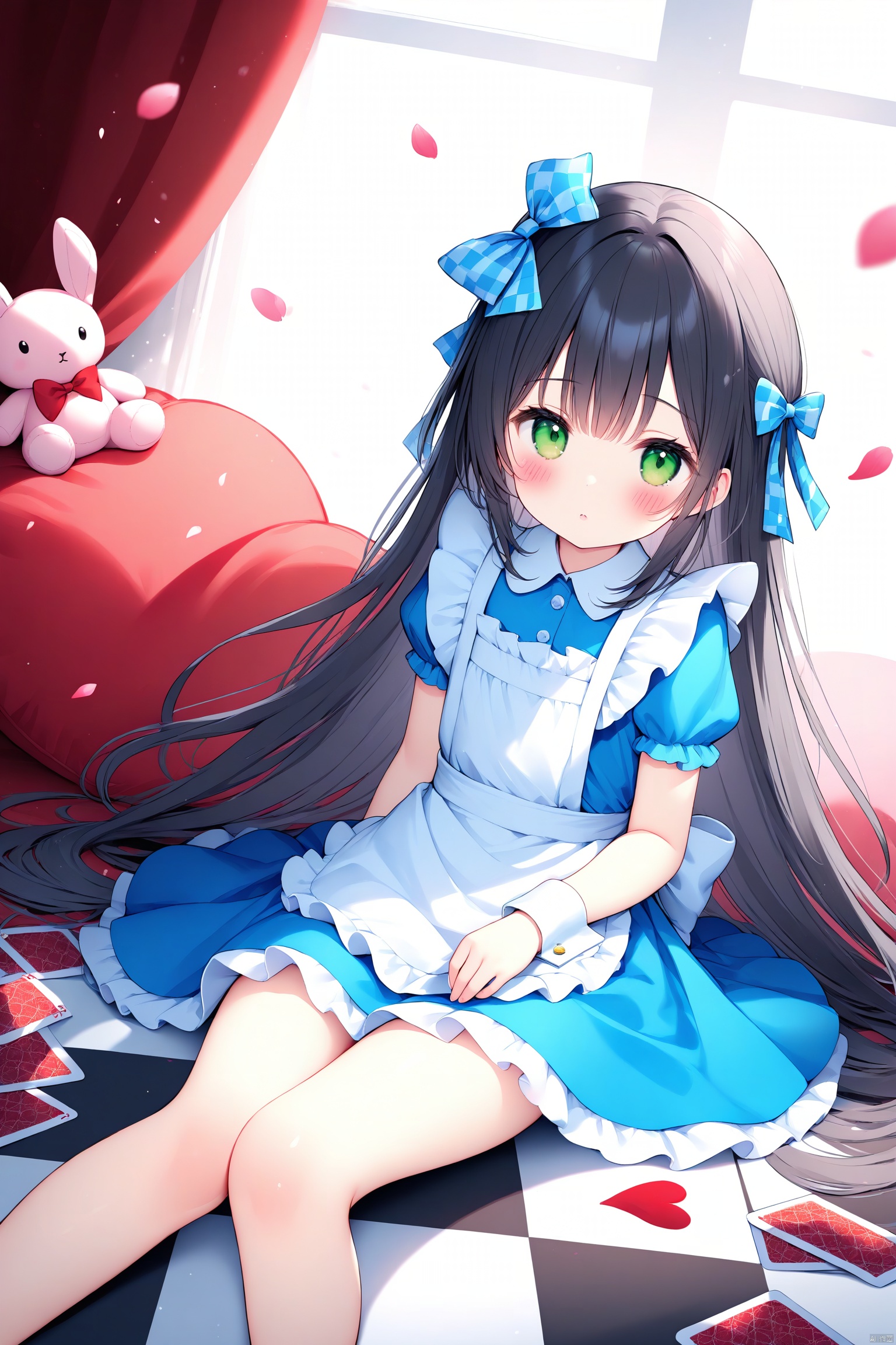 (masterpiece),(best quality),illustration,ultra detailed,hdr,Depth of field,(colorful),loli, 1girl, long hair, green eyes, checkered floor, stuffed toy, stuffed animal, solo, dress, black hair, bow, hair bow, playing card, card, stuffed bunny, petals, looking at viewer, blush, wrist cuffs, blue dress, apron, short sleeves, heart, frills, sitting, bangs