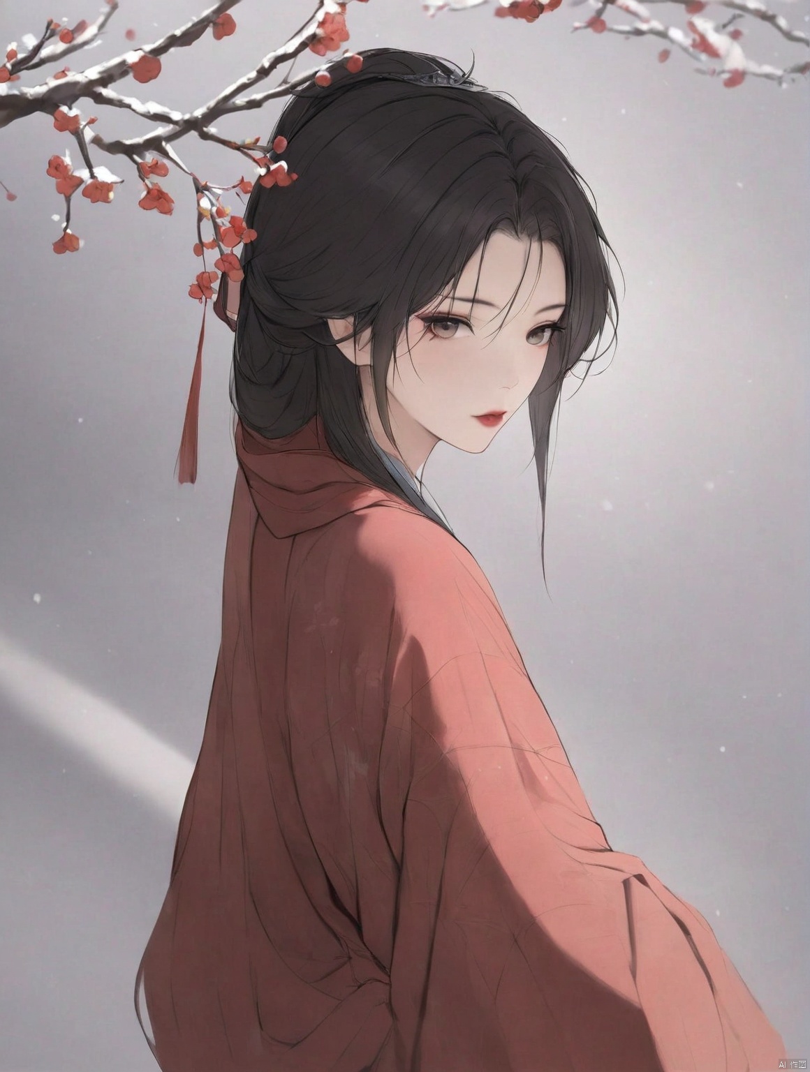 solo,highly detailed,(best quality),((masterpiece)),shouhui, 1girl, upper body,black hair, red clothes,lu, hanfu,pov,Plum blossoms, snow,
