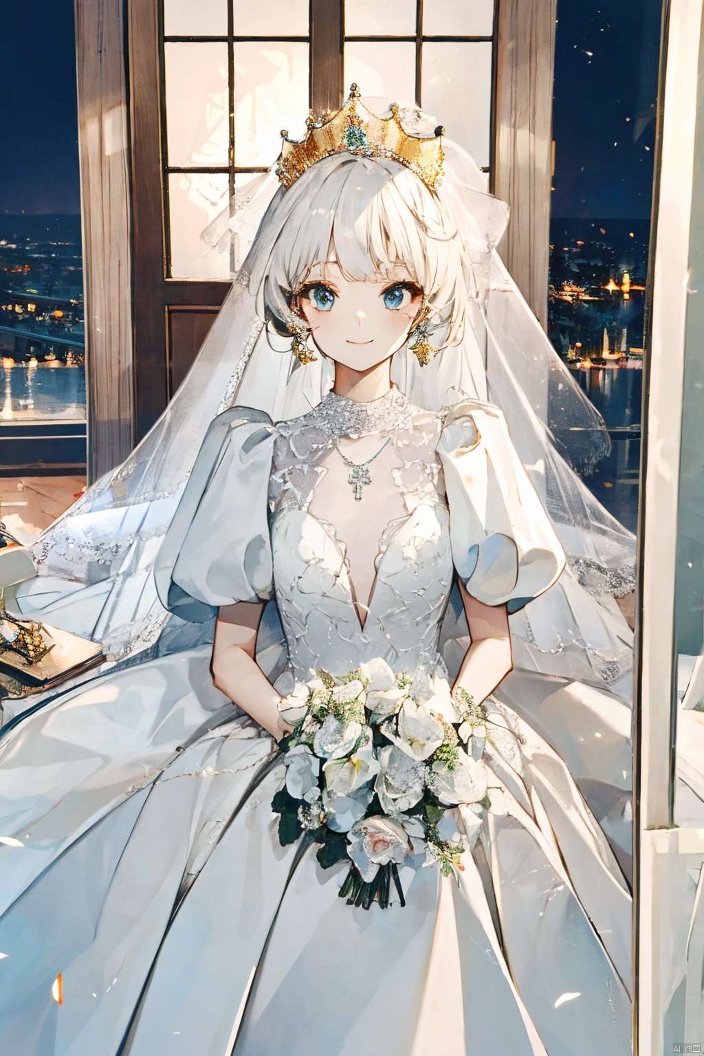  Ultra-clear 8k, real, night, smile, crown, necklace, perspective, hanger, nudity, diamonds, bridal veil, Golden wedding dress, 1 girl, ,wedding dress,MATURE FEMALE,1girl,moyou,depth of field, Asian girl