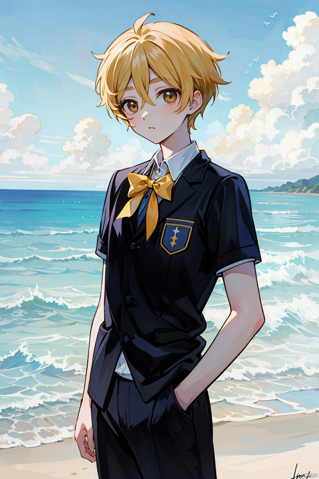 cowboy,(masterpiece),(lighting),high contrast,high saturation, colorful, 
 1boy, shota, solo, looking at viewer, muscular boy, school uniform, beach, shota, tomoya,鏃�, yellow hair, brown eyes