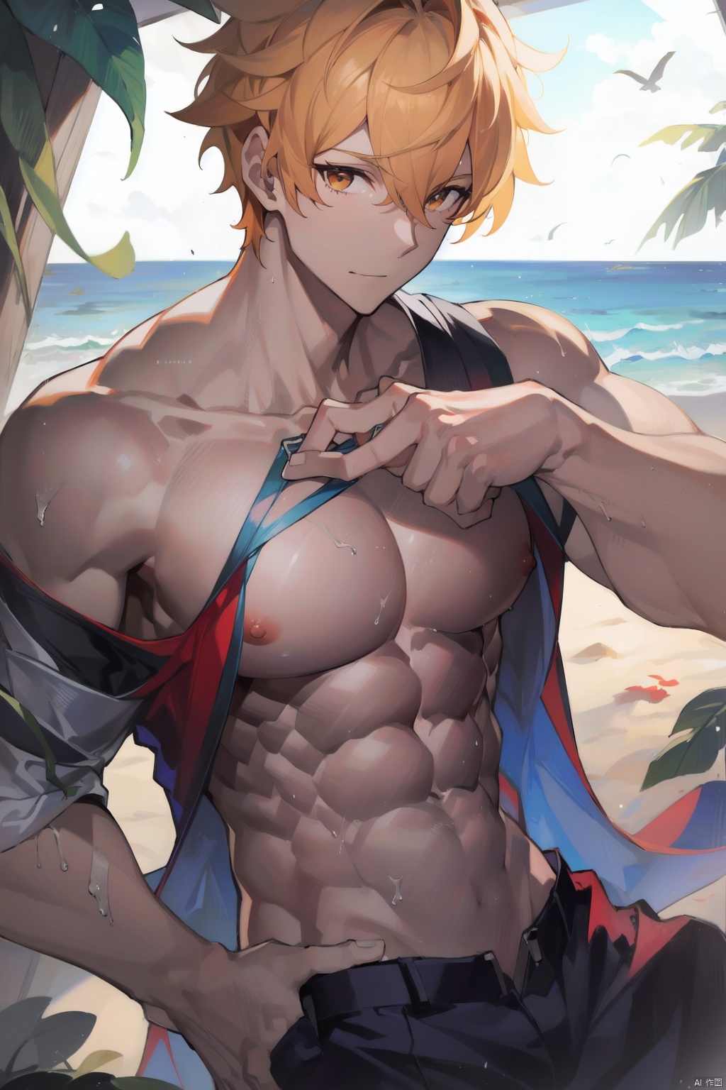 1boy,(masterpiece),(lighting),high contrast,high saturation, colorful, 
 1boy, shota, solo, looking at viewer, muscular boy, school uniform, beach, shota, yellow hair, brown eyes,muscular male, (large pectorals:1.4), firm abs