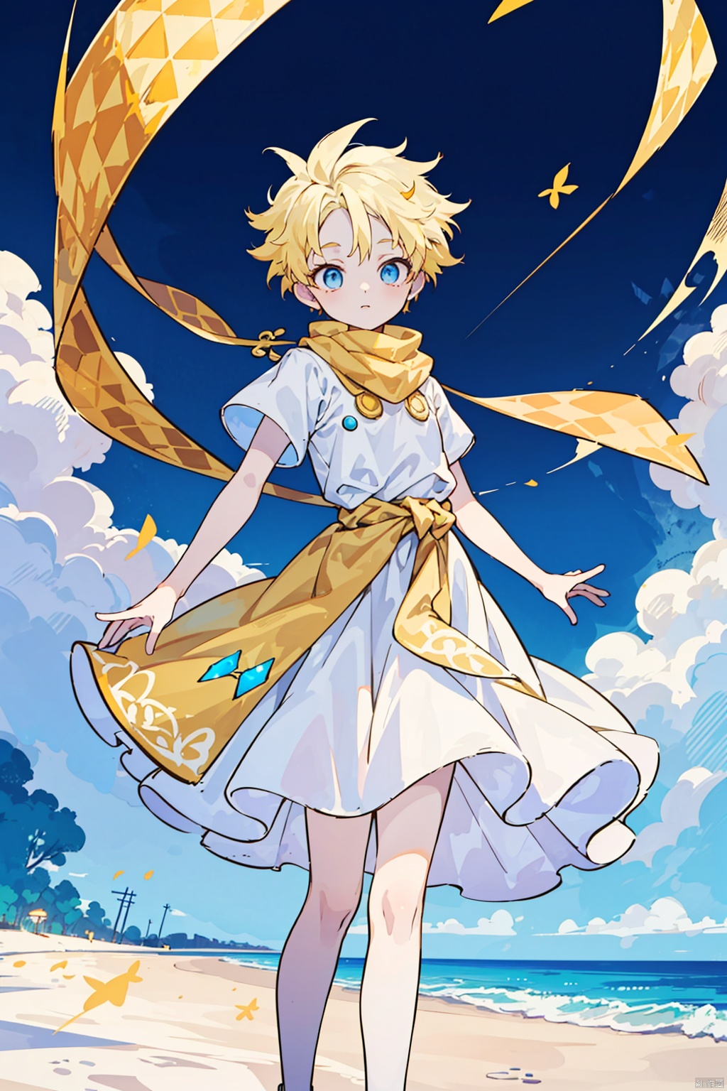 1boy,(masterpiece),(lighting),high contrast,high saturation, colorful, 
 1boy, shota, solo, looking at viewer, beach, shota,voyager, yellow hair, blue eyes, yellow scarfs, white dress, floating, yelkow waist band