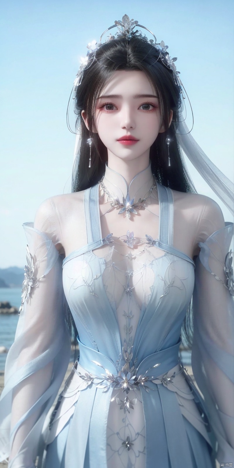  best quality, masterpiece, cowboy_shot,(Good structure), DSLR Quality,Depth of field,kind smile,looking_at_viewer,Dynamic pose, 
, Blue sky and white clouds on the beach,Masterpiece, (ultra wide angle lens: 1.2), Unity8k wallpaper, best quality, (detail shadow: 1.1), a beautiful girl, on a sea of light blue silk, translucent silk, floating light blue silk, surrealist style, minimalism, highly detailed texture, light blue, white clean background, CG rendering, light passing through clouds, 8k resolution, (motion photo: 1.2), (Fidelity: 1.4), original photos, movie lighting, 1girl,, ,, , weddingdress,limuwan