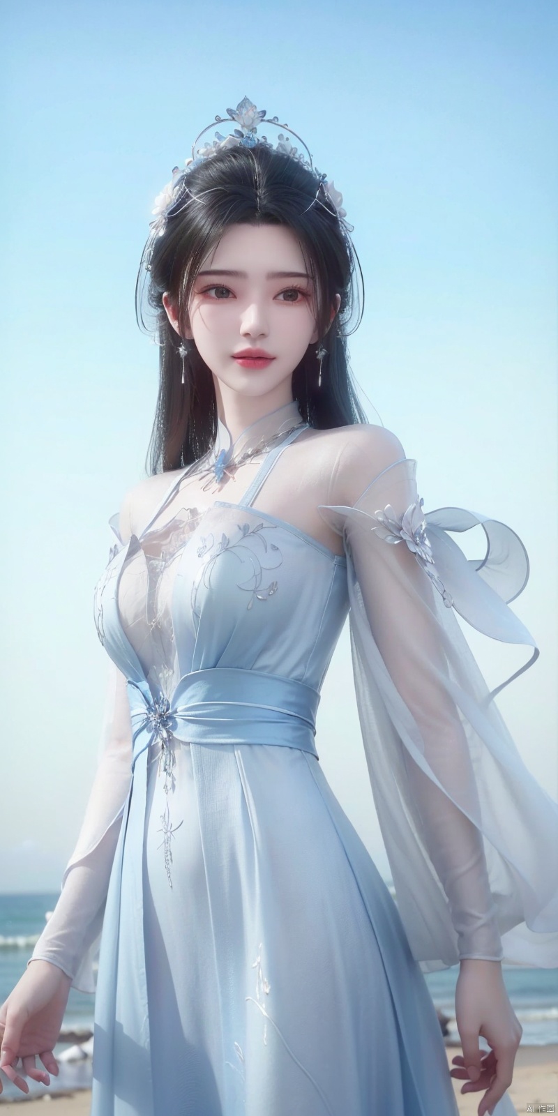  best quality, masterpiece, cowboy_shot,(Good structure), DSLR Quality,Depth of field,kind smile,looking_at_viewer,Dynamic pose, 
, Blue sky and white clouds on the beach,Masterpiece, (ultra wide angle lens: 1.2), Unity8k wallpaper, best quality, (detail shadow: 1.1), a beautiful girl, on a sea of light blue silk, translucent silk, floating light blue silk, surrealist style, minimalism, highly detailed texture, light blue, white clean background, CG rendering, light passing through clouds, 8k resolution, (motion photo: 1.2), (Fidelity: 1.4), original photos, movie lighting, 1girl,, ,, , weddingdress,limuwan
