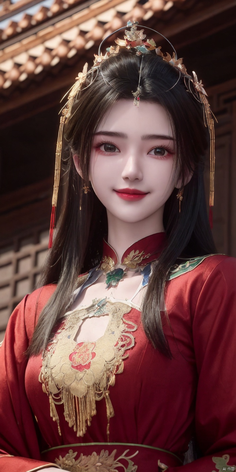  best quality, masterpiece, realistic,cowboy_shot,(Good structure), DSLR Quality,Depth of field,kind smile,looking_at_viewer,Dynamic pose, 
limuwan, 1girl, solo, red dress, long hair, dress, chinese clothes, hair ornament, upper body, sky, forehead mark