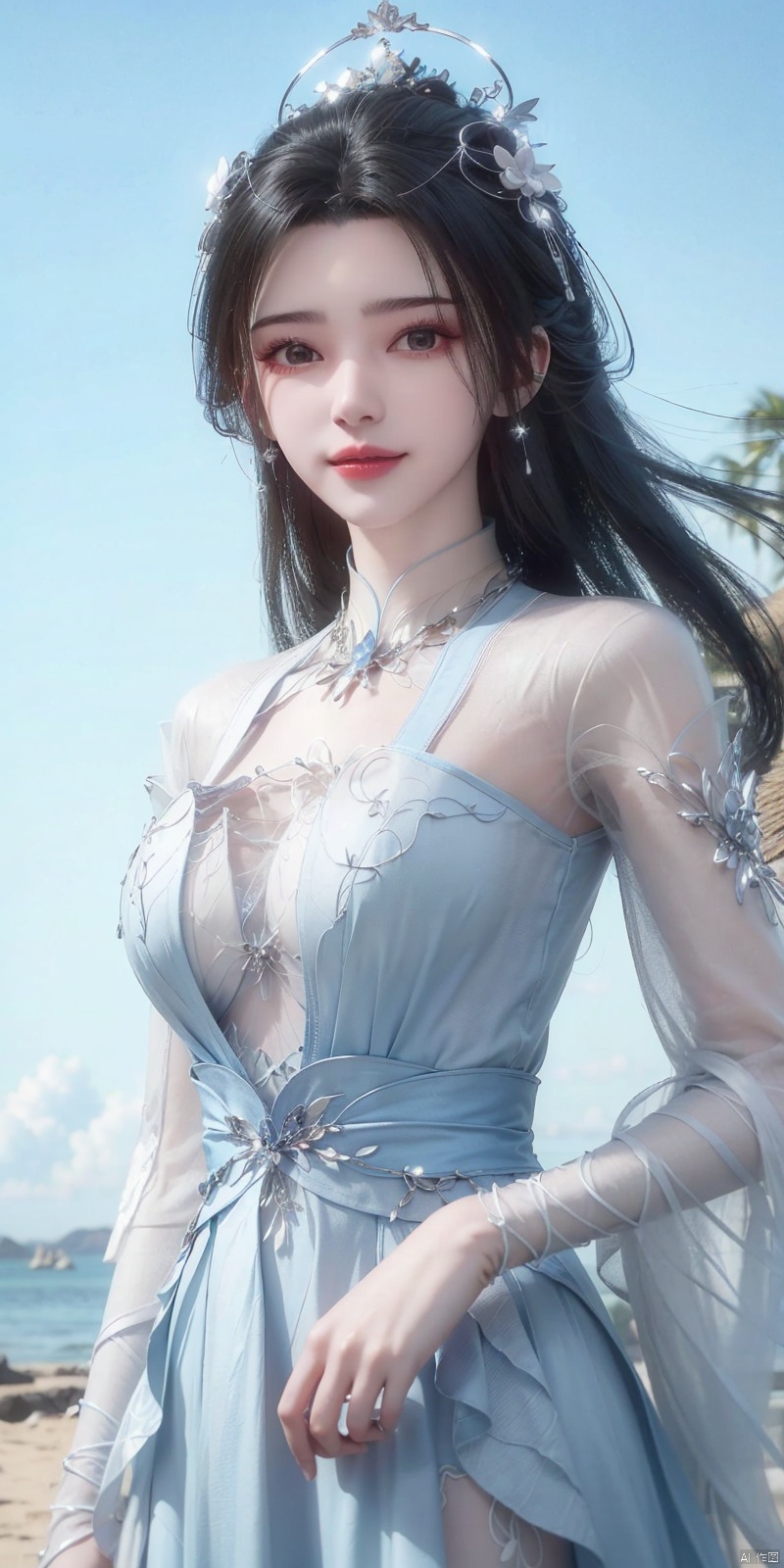  best quality, masterpiece, cowboy_shot,(Good structure), DSLR Quality,Depth of field,kind smile,looking_at_viewer,Dynamic pose, 
, Blue sky and white clouds on the beach,Masterpiece, (ultra wide angle lens: 1.2), Unity8k wallpaper, best quality, (detail shadow: 1.1), a beautiful girl, on a sea of light blue silk, translucent silk, floating light blue silk, surrealist style, minimalism, highly detailed texture, light blue, white clean background, CG rendering, light passing through clouds, 8k resolution, (motion photo: 1.2), (Fidelity: 1.4), original photos, movie lighting, 1girl,, ,, , weddingdress,limuwan