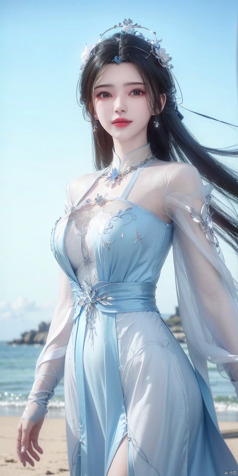  best quality, masterpiece, cowboy_shot,(Good structure), DSLR Quality,Depth of field,kind smile,looking_at_viewer,Dynamic pose, 
, Blue sky and white clouds on the beach,Masterpiece, (ultra wide angle lens: 1.2), Unity8k wallpaper, best quality, (detail shadow: 1.1), a beautiful girl, on a sea of light blue silk, translucent silk, floating light blue silk, surrealist style, minimalism, highly detailed texture, light blue, white clean background, CG rendering, light passing through clouds, 8k resolution, (motion photo: 1.2), (Fidelity: 1.4), original photos, movie lighting, 1girl,, ,, , weddingdress,limuwan