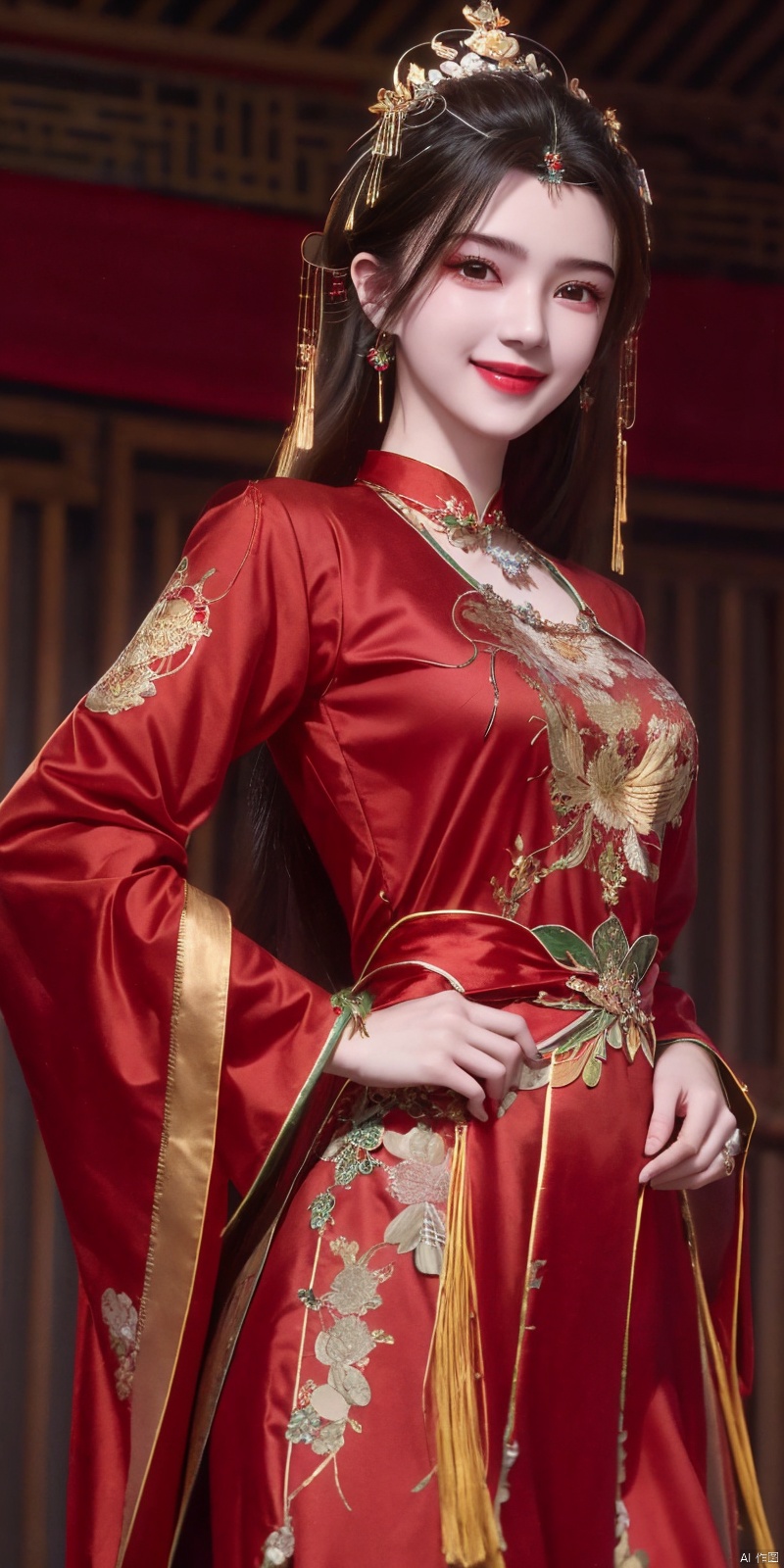 best quality, masterpiece, realistic,cowboy_shot,(Good structure), DSLR Quality,Depth of field,kind smile,looking_at_viewer,Dynamic pose, 
limuwan, 1girl, solo, hair ornament, red dress, chinese clothes, dress, long sleeves, jewelry, necklace