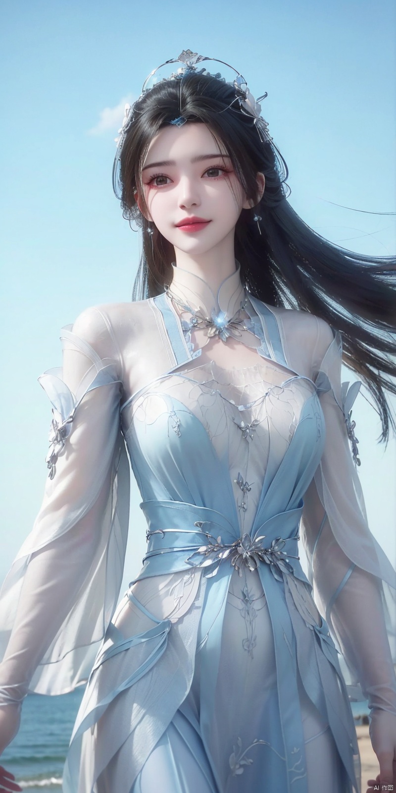  best quality, masterpiece, cowboy_shot,(Good structure), DSLR Quality,Depth of field,kind smile,looking_at_viewer,Dynamic pose, 
, Blue sky and white clouds on the beach,Masterpiece, (ultra wide angle lens: 1.2), Unity8k wallpaper, best quality, (detail shadow: 1.1), a beautiful girl, on a sea of light blue silk, translucent silk, floating light blue silk, surrealist style, minimalism, highly detailed texture, light blue, white clean background, CG rendering, light passing through clouds, 8k resolution, (motion photo: 1.2), (Fidelity: 1.4), original photos, movie lighting, 1girl,, ,, , weddingdress,limuwan