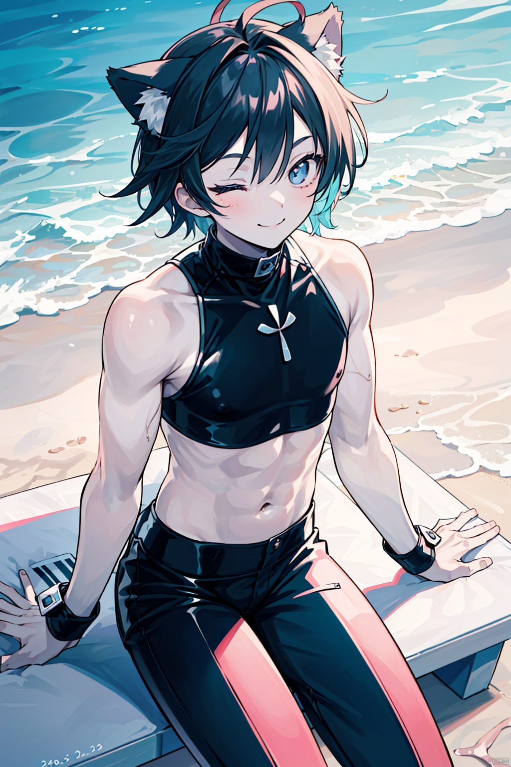 cowboy,(masterpiece),(lighting),high contrast,high saturation, colorful, 
 1boy, shota, solo, looking at viewer, muscular boy, , rubber pants, rubber top, sitting down, beach, cat ears ornament, thick arms, big pectorals,shota,shota eyes, one eye closed, smile,鏃�