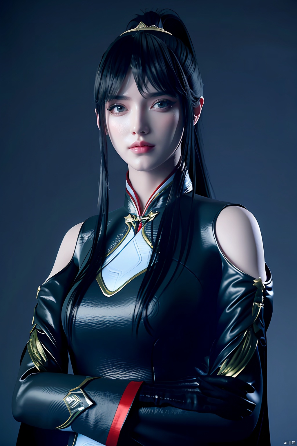 professional 3d model front view of Sean with long black hair in a high ponytail wearing a Black Hunter-Sui and  black suit ,hugging,front view of a girl with long black hair wearing  white Traditional-cheongsam,upper body,octane render, highly detailed, volumetric, dramatic lighting,Xfengqinger