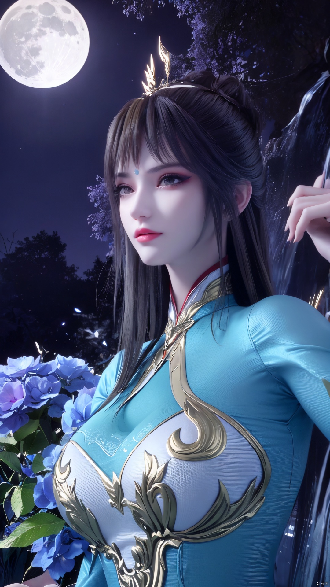 masterpiece,best quality,official art,extremely detailed CG unity 8k wallpaper,1girl, upper body, light rays, light particles, waterfall, tree, clover,,(big breasts:1.39),  ,Xfengqinger,Xxiyouqin,Xliushen,X-Hydrangea,Hydrangea,(full moon:1.23)