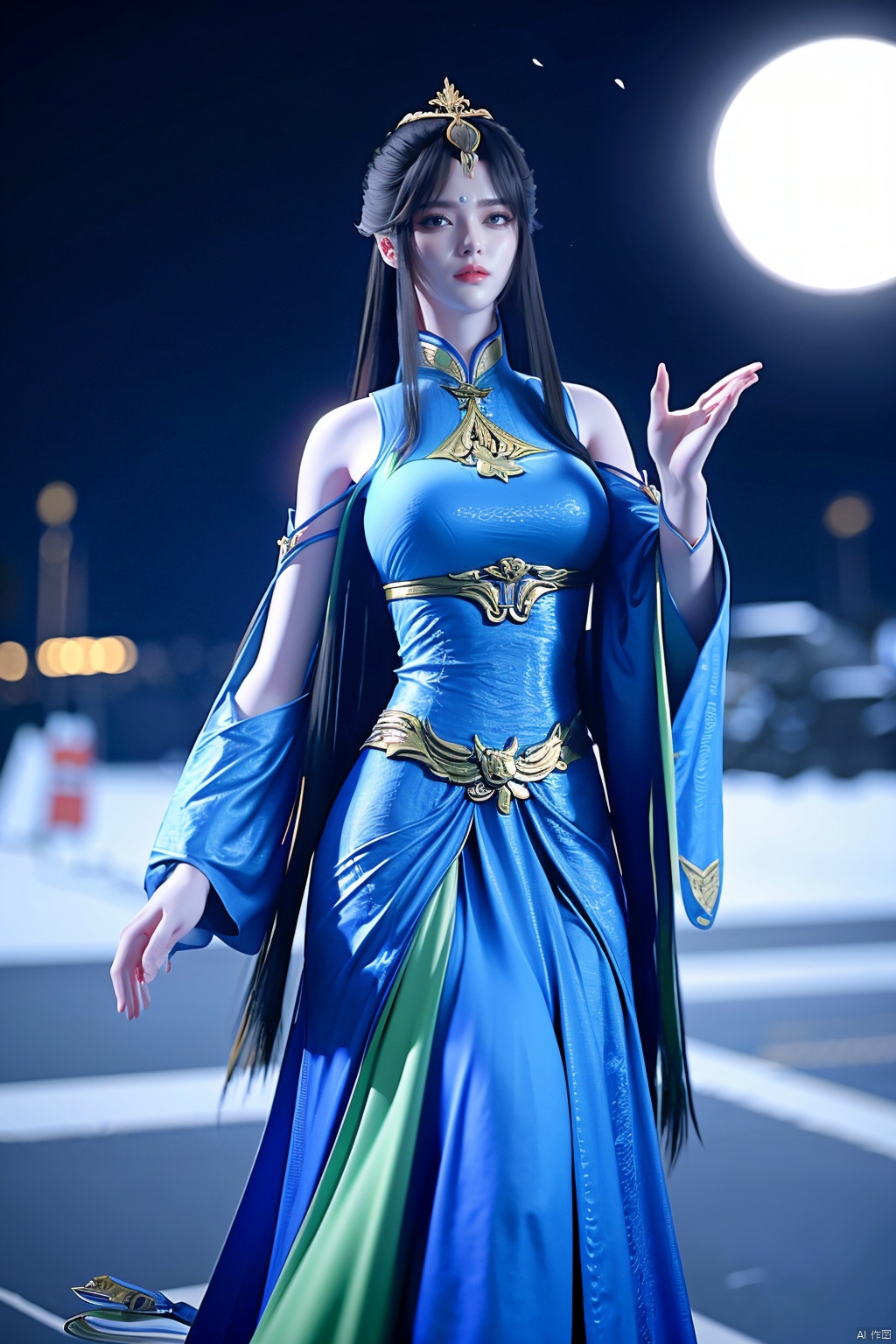 1girl, solo, long hair, ,Xfengqinger,Xliushen,Xhuolinger, Yunxiao_Fairy,depth of field,full moon,,(big breasts:1.32),