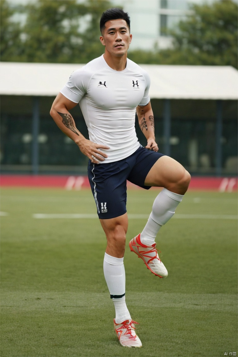 jzns,1man,Asian,handsome,white kneehigh
socks,soccer footwear,muscular,full body,masterpiece,realistic,best quality,highly detailed,jm,xxh