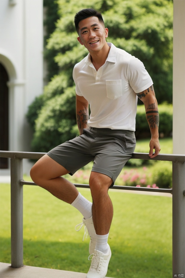 jzns,xxh,1man,solo,asian,handsome,charming eyes,exquisite facial features,male focus,tattoo, white shirt, collared shirt, black hair, outdoors, blurry, smile, white socks, looking at viewer, white sneaker, grey shorts, sitting on the railing, full body,masterpiece,realistic,best quality,highly detailed,, jznszz,xxh