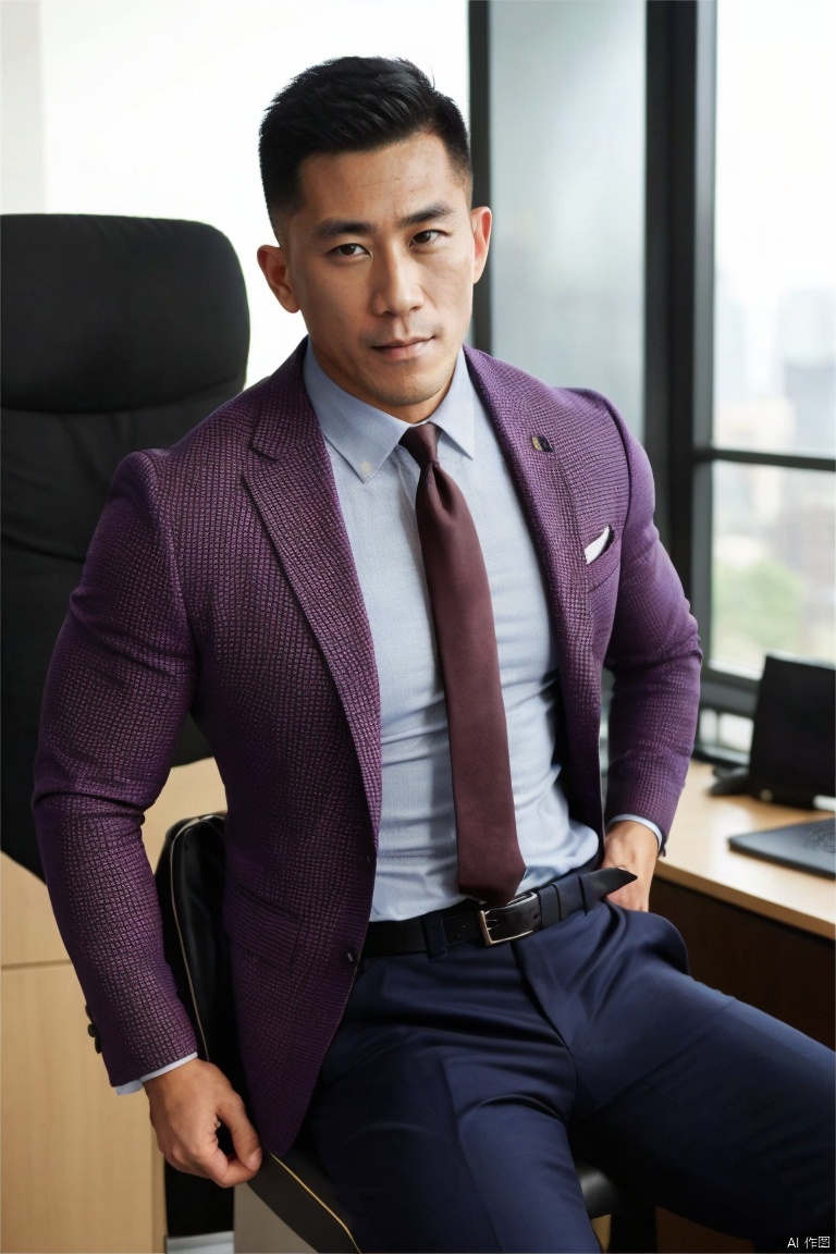 jzns,1man,asian,male focus,handsome,delicate face,muscular,formal,suit,shirt,necktie,armband,belt,watch,business  pants,hand covering crotch,sitting,in office,full crotch,masterpiece,realistic,best quality,highly detailed,wak,xxh