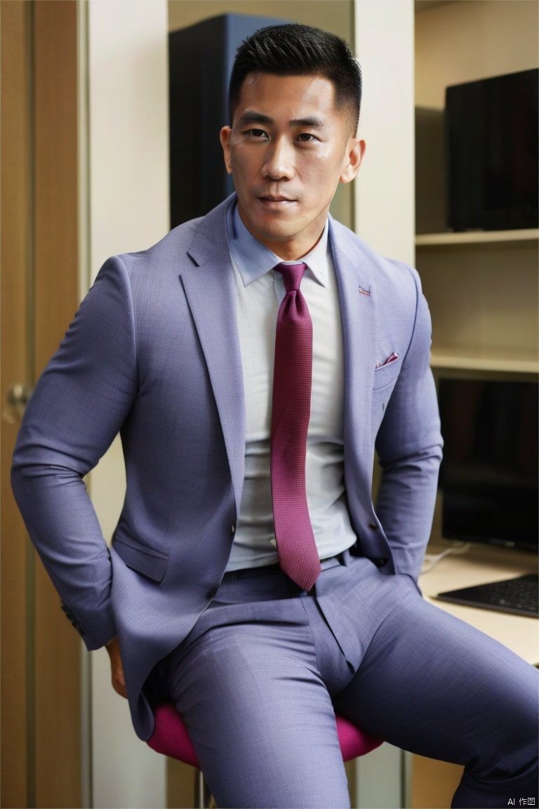 jzns,1man,asian,male focus,handsome,delicate face,30y.o,muscular,suit,shirt,necktie,watch,business  pants,sitting,in office,full crotch,masterpiece,realistic,best quality,highly detailed,, jznszz,djt