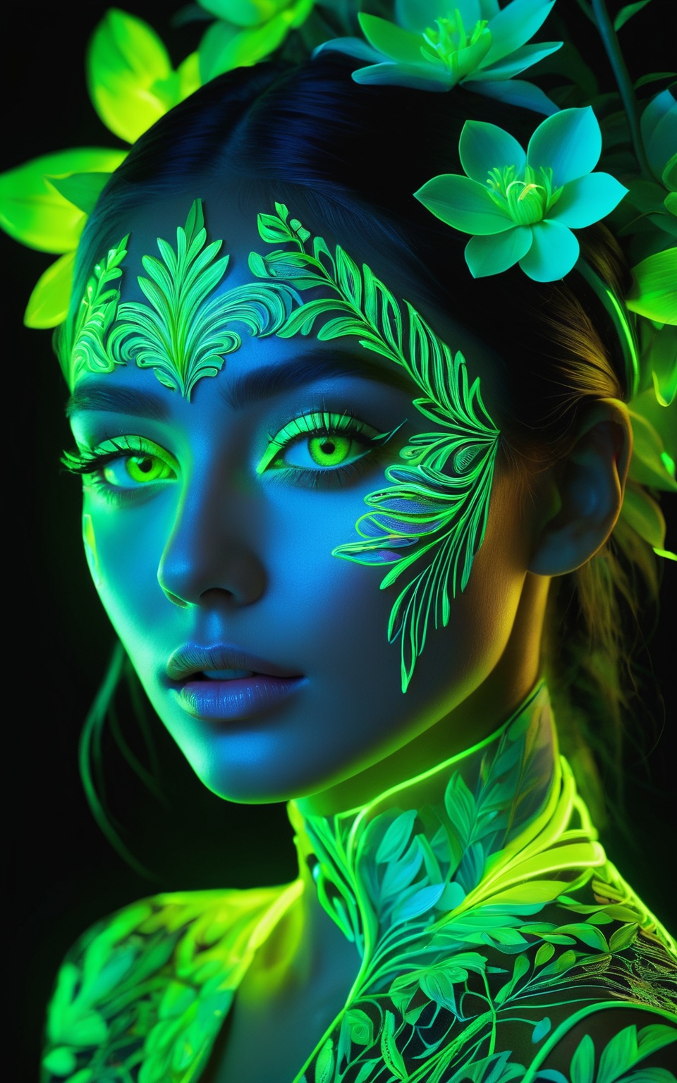A vibrant and hyper-detailed portrait of a woman's face illuminated with neon light. Her face is adorned with intricate,...