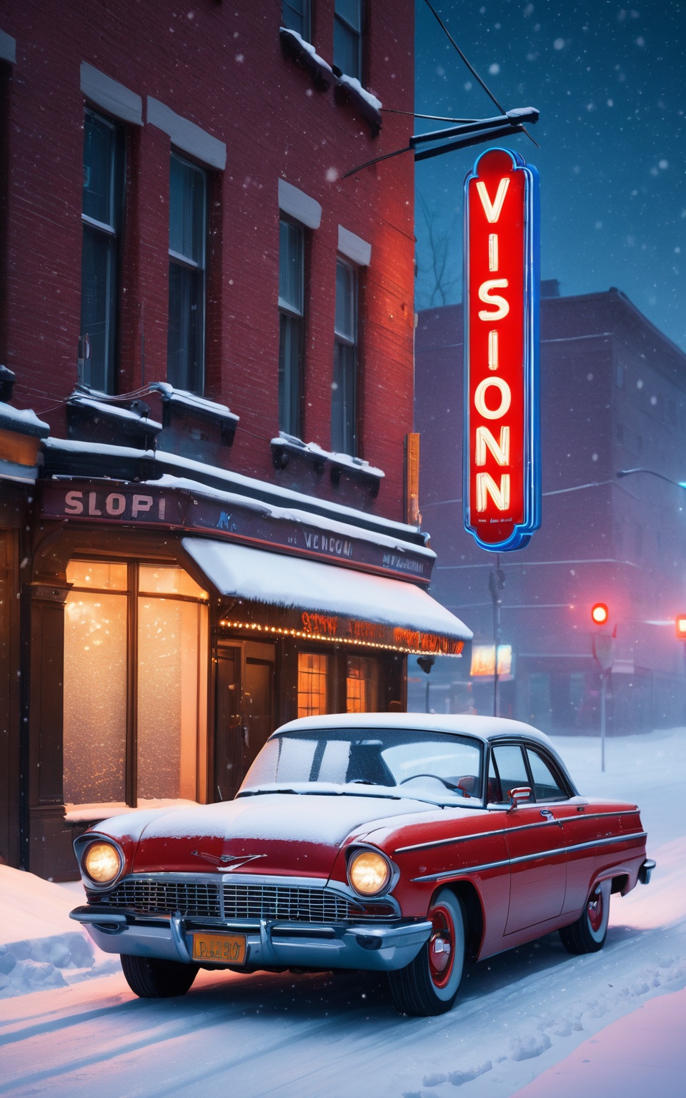 detailed scene of a vintage red car with "Vision" license plate parked on a snowy street in front of a neon-lit building w...
