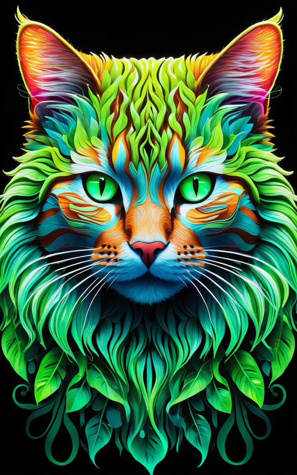 A vibrant and hyper-detailed portrait of a cat's face illuminated with neon light. Its face is adorned with intricate,  gl...