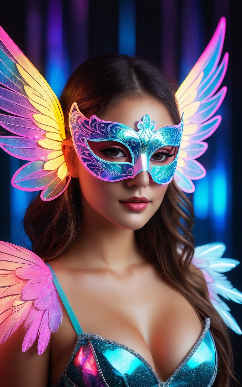 A hyper-realistic,  hyper-detailed image of a photorealistic woman. She is wearing a glowing neon masquerade mask and wing...